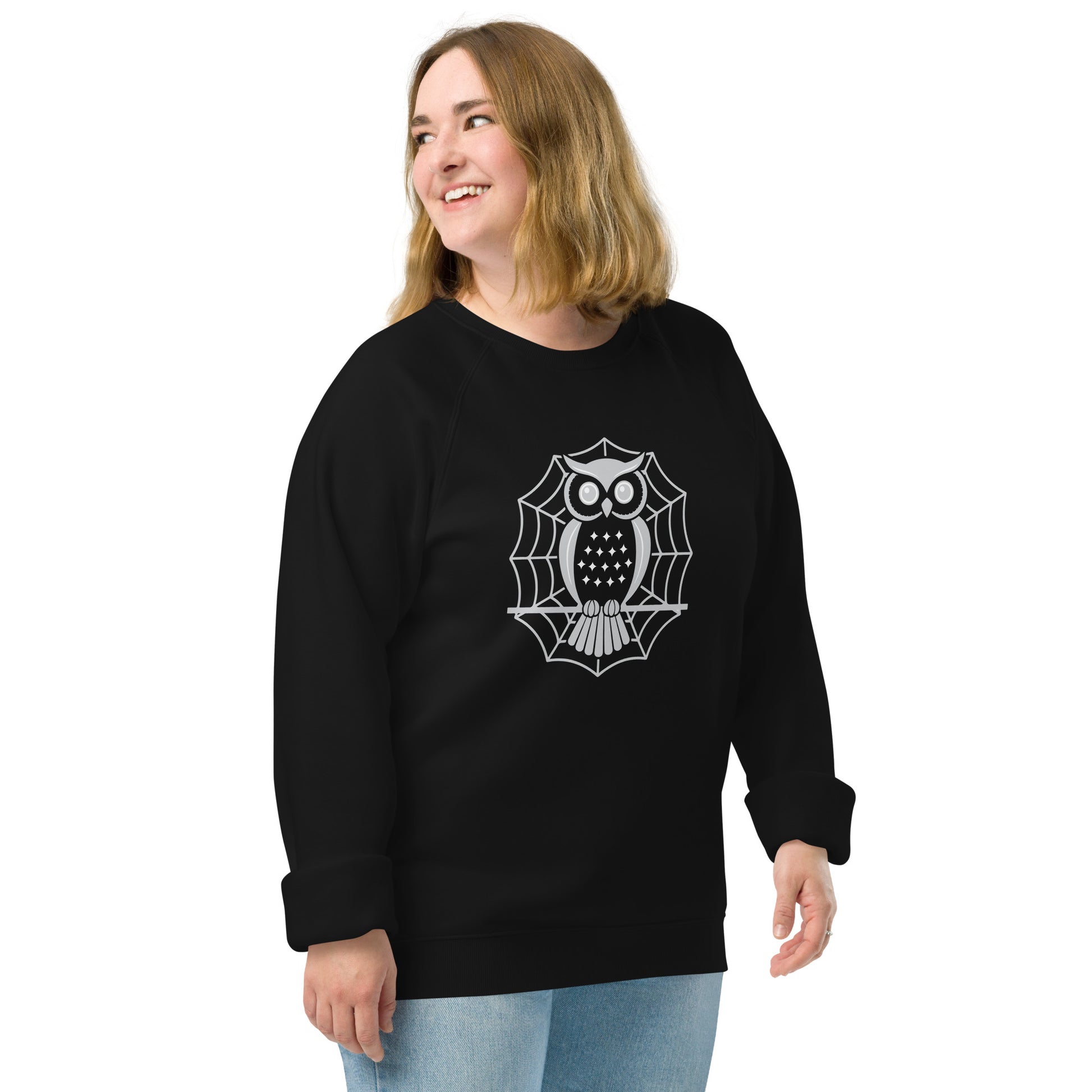 Unisex Organic Raglan Sweatshirt: Halloween Owl Eco-Friendly USA Black Dudeily