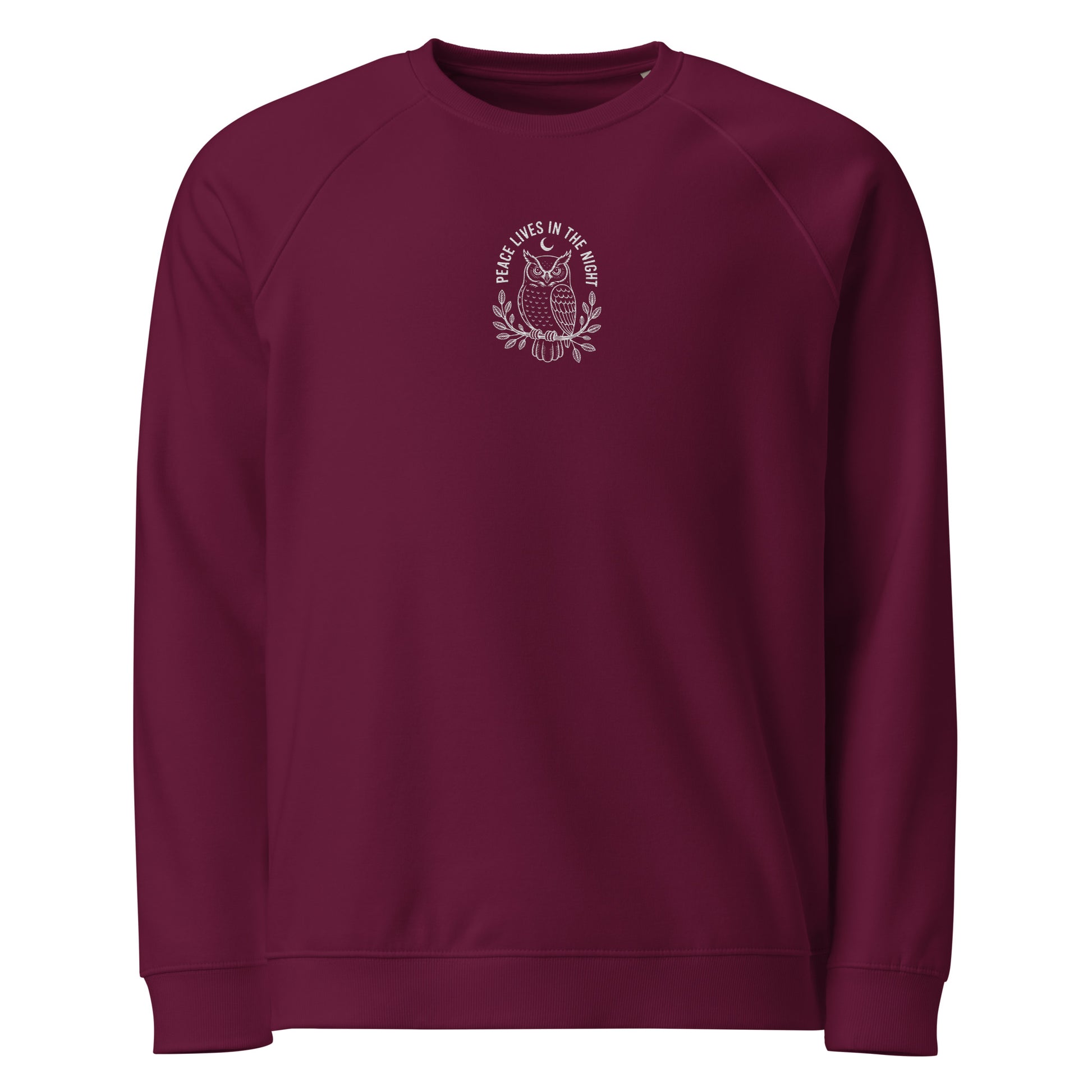 Owl Unisex Organic Raglan Sweatshirt – 'Peace Lives in the Night' in Fall | Sustainable Fashion USA Dudeily
