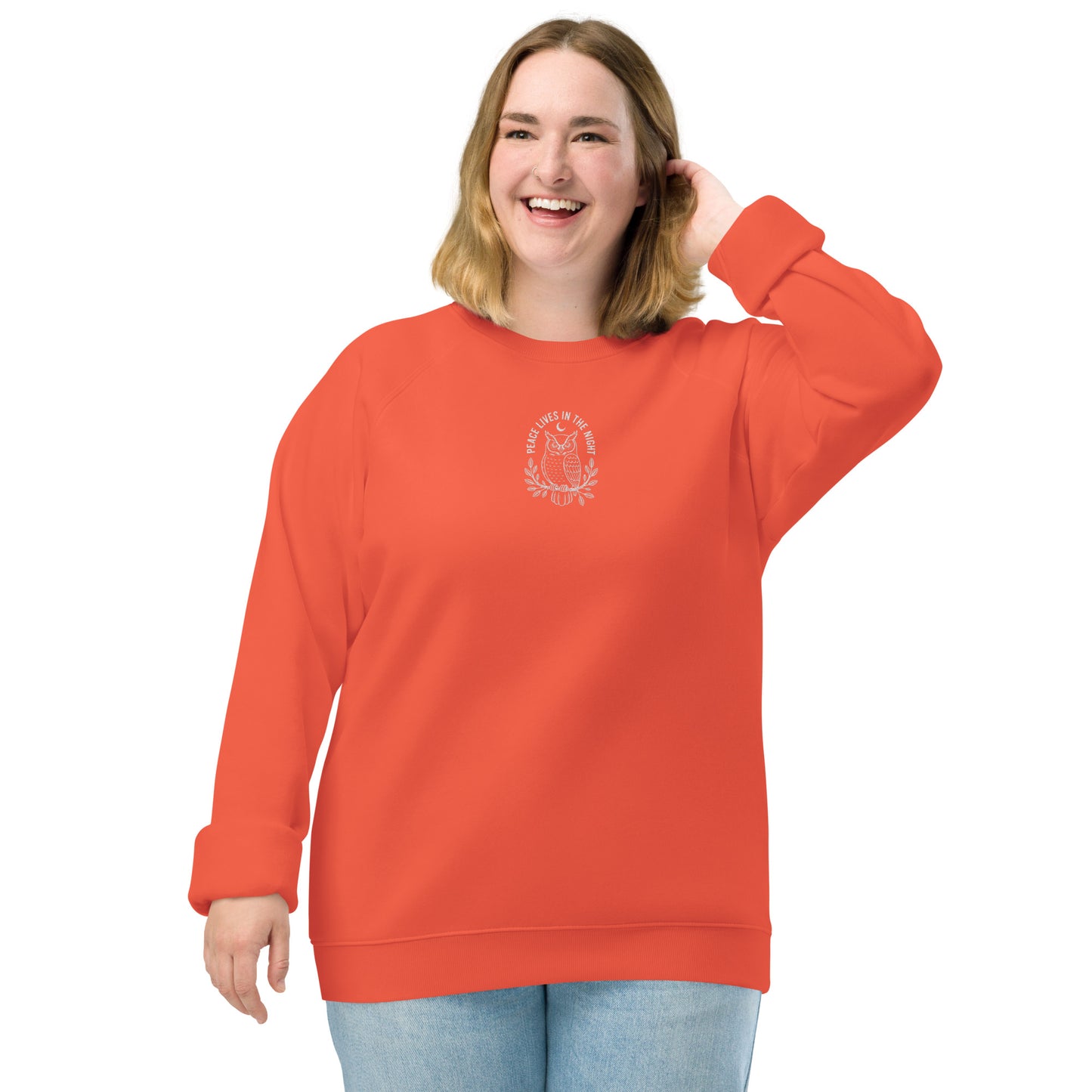 Owl Unisex Organic Raglan Sweatshirt – 'Peace Lives in the Night' in Fall | Sustainable Fashion USA Burnt Orange Dudeily