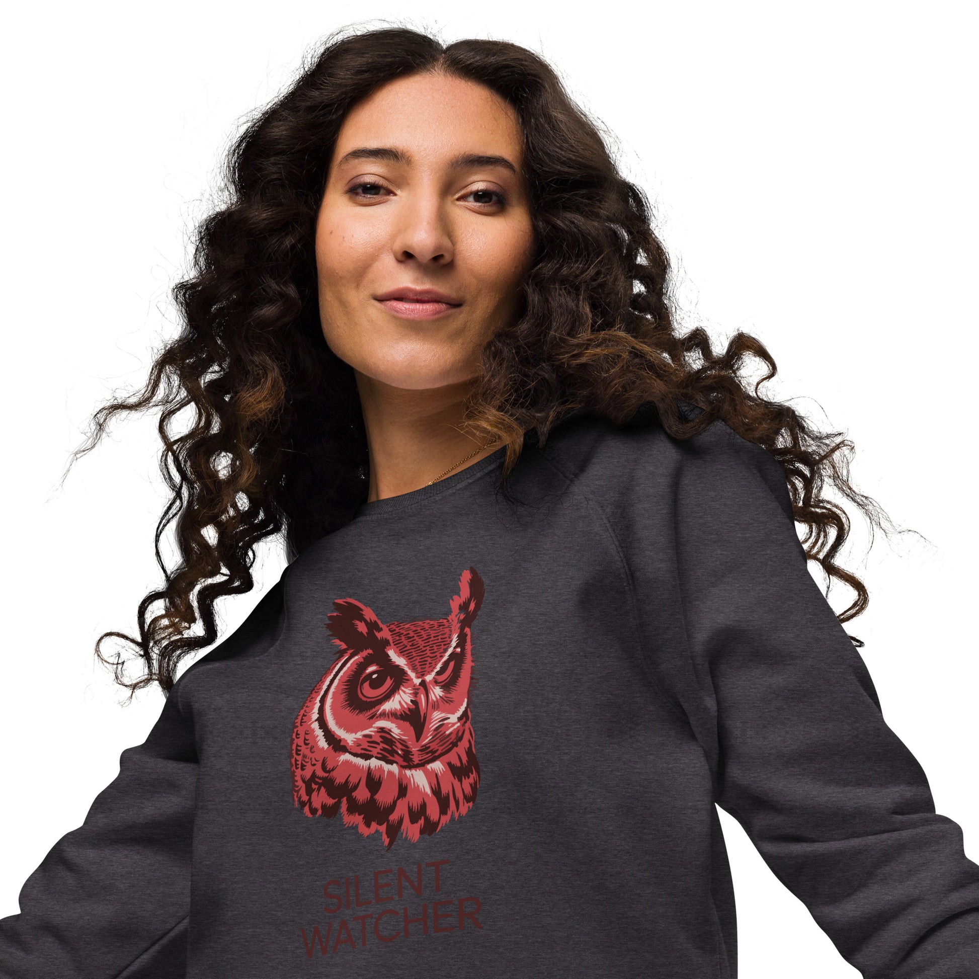 Unisex Organic Raglan Sweatshirt: ‘Silent Watcher’ in Fall | Sustainable Owl Fashion USA Dudeily
