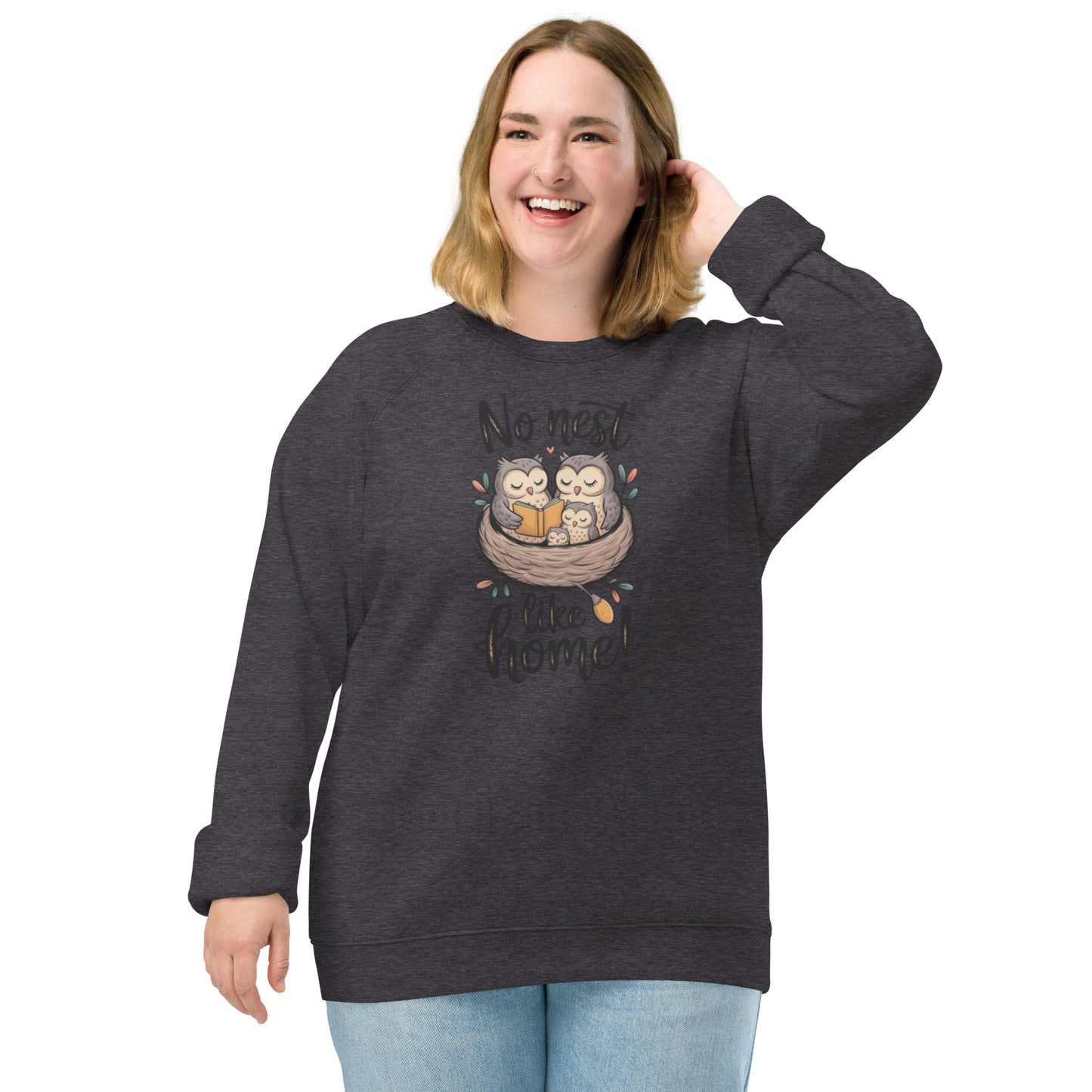 Unisex Organic Raglan Sweatshirt – Eco-Friendly Comfort for Every Owl Lover Charcoal Melange Dudeily