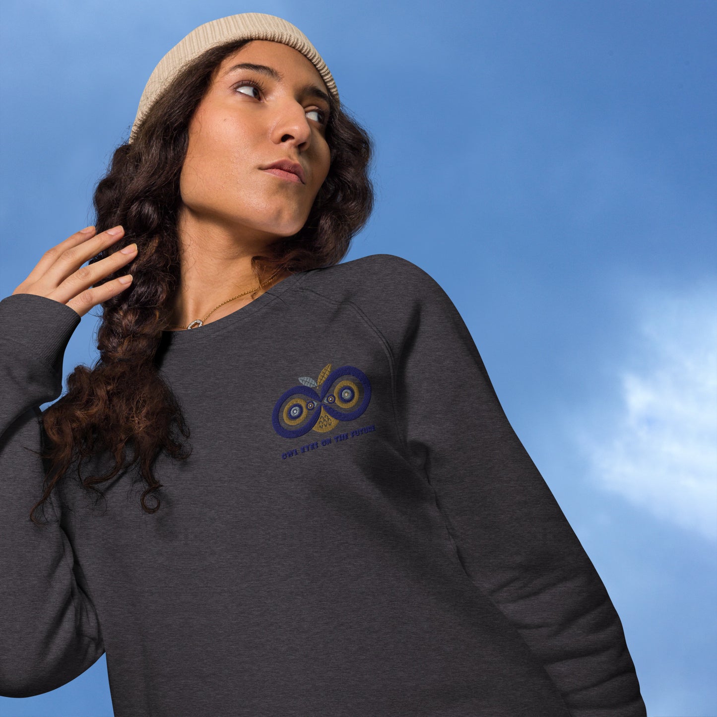 Unisex Organic Raglan Sweatshirt: Owl Eyes on the Future | Owl Embroidered Sustainable Fashion USA by Dudeily Dudeily
