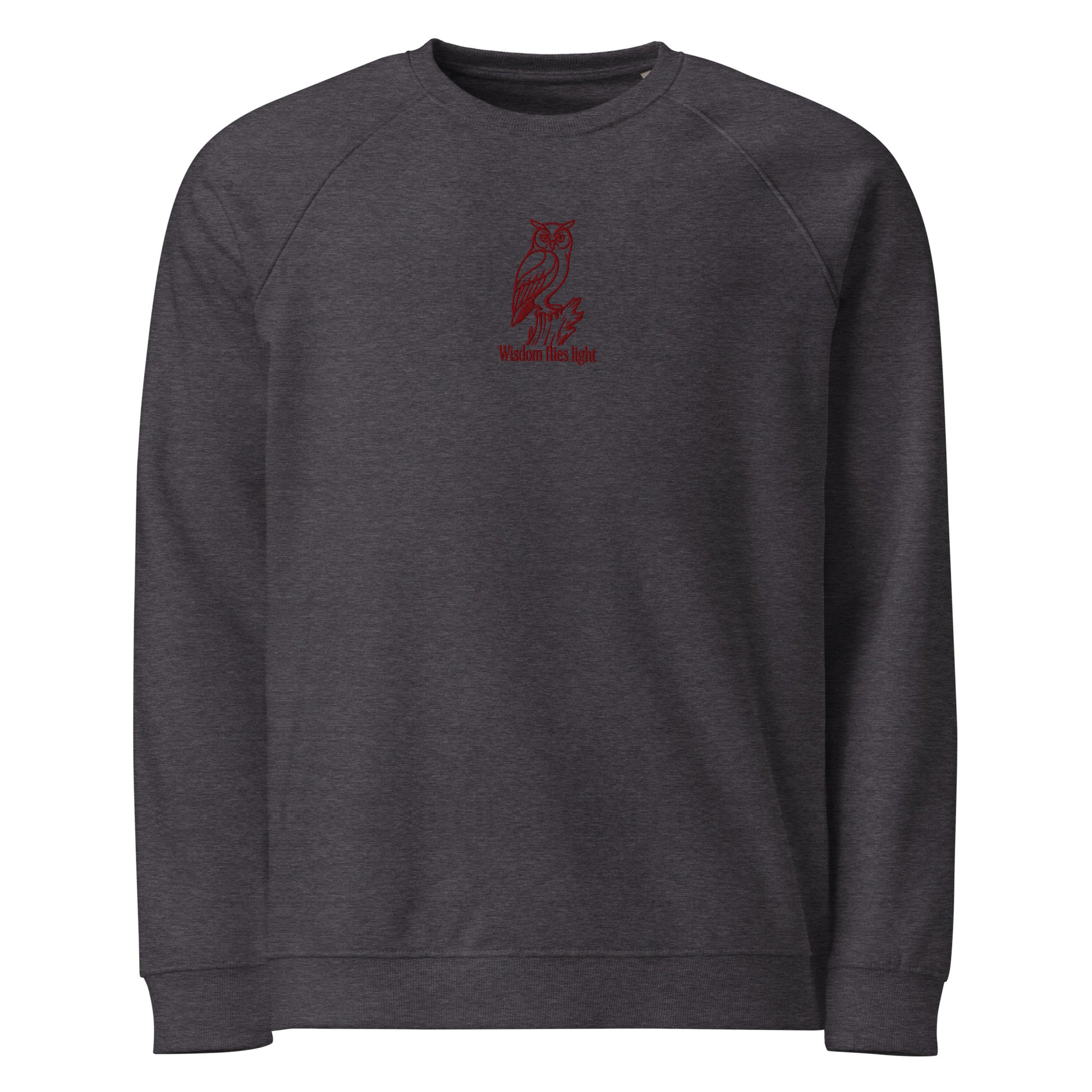 Owl Unisex Organic Raglan Sweatshirt: 'Wisdom Flies Light' in Fall | Sustainable Fashion USA Dudeily