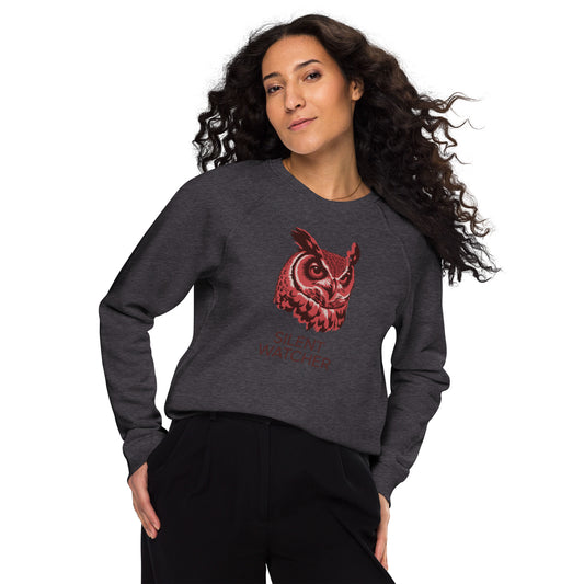 Unisex Organic Raglan Sweatshirt: ‘Silent Watcher’ in Fall | Sustainable Owl Fashion USA Charcoal Melange Dudeily