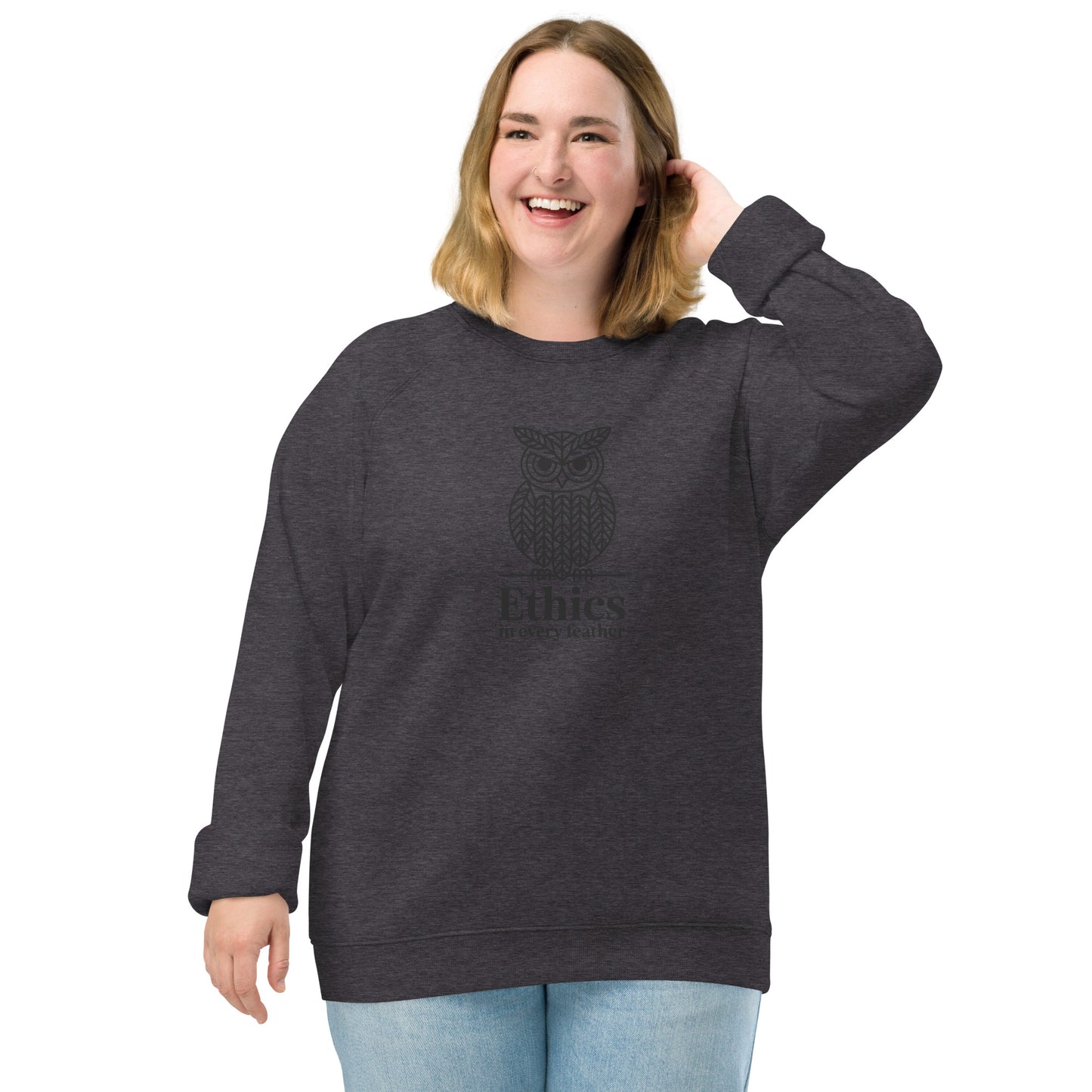 Unisex Organic Raglan Sweatshirt: 'Ethics in Every Feather' | Ethical Owl Clothing USA Charcoal Melange Dudeily