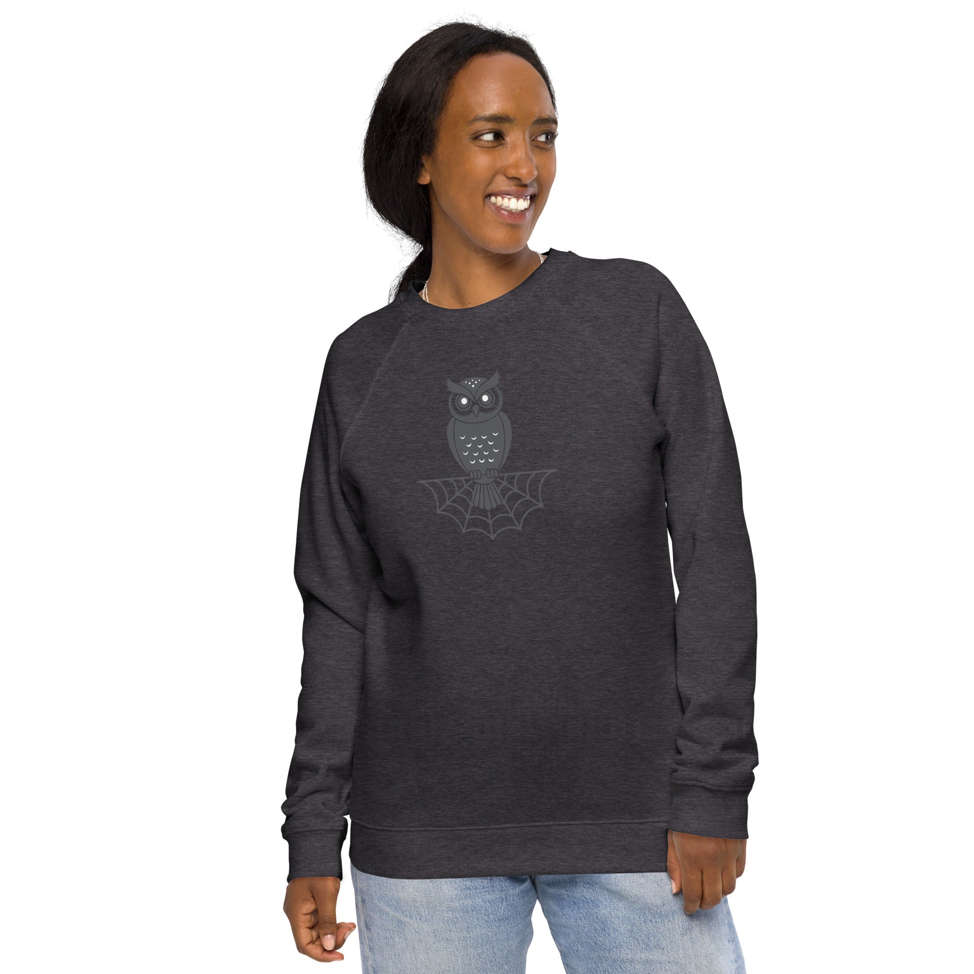 Unisex Organic Raglan Sweatshirt: Halloween Owl Eco-Friendly Style Charcoal Melange Dudeily