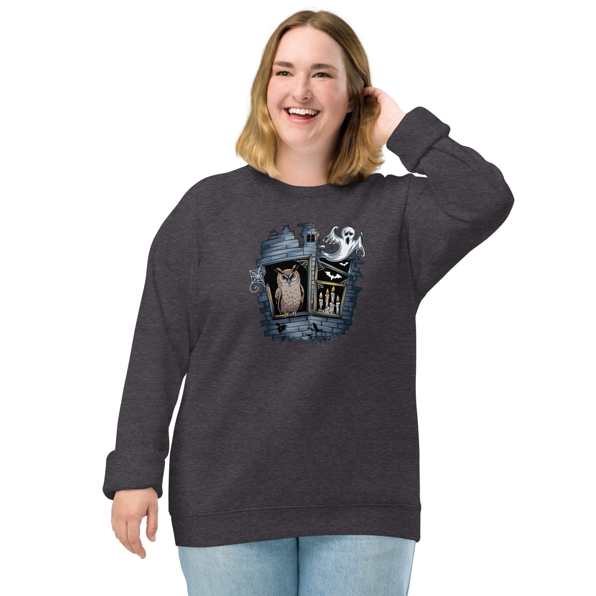 Unisex Organic Raglan Sweatshirt: Halloween Owl Eco-Friendly USA Dudeily