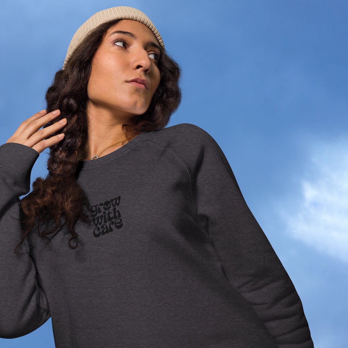 Eco-Friendly Owl Clothing Embroidered Unisex Organic Raglan Sweatshirt "Grow With Care" Dudeily