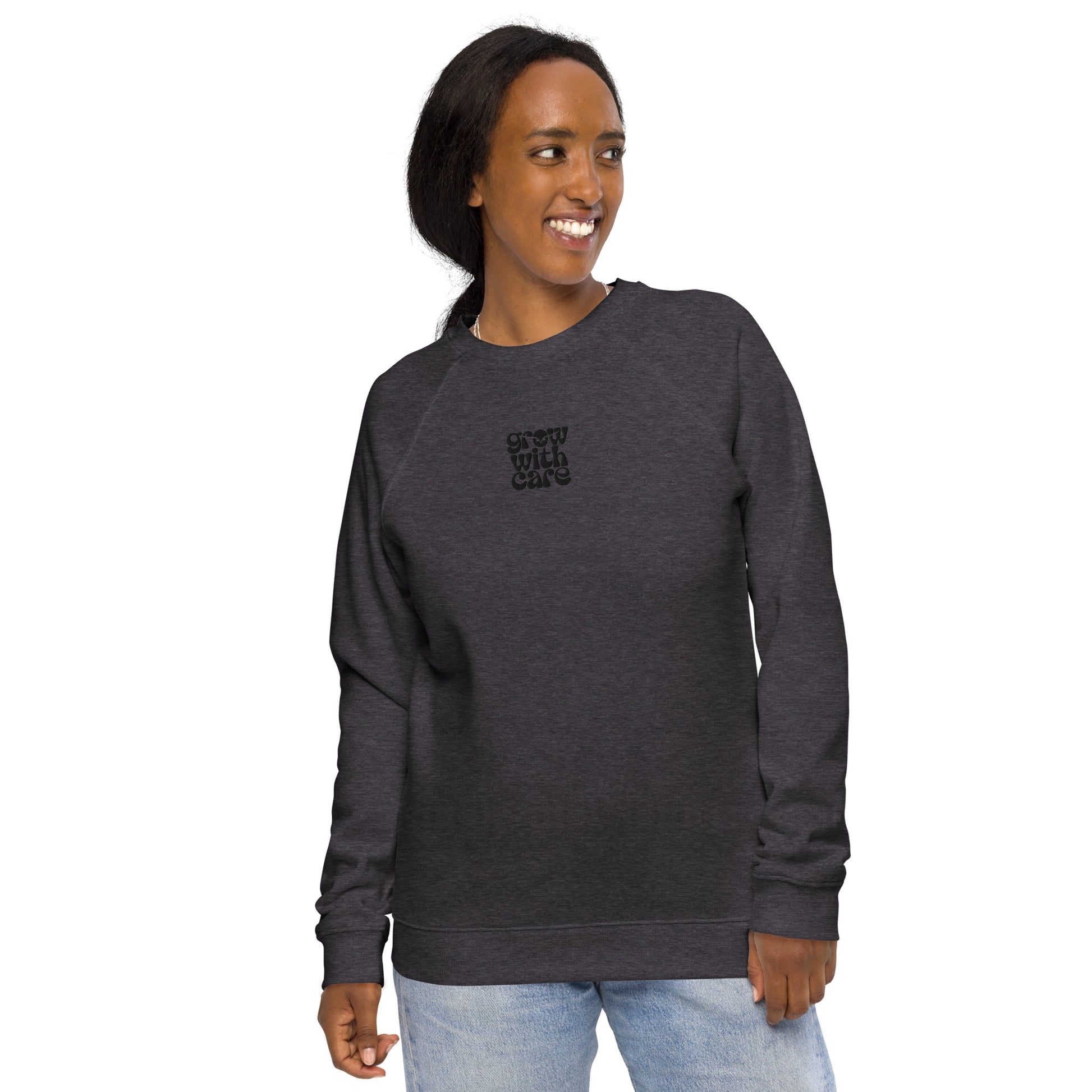 Eco-Friendly Owl Clothing Embroidered Unisex Organic Raglan Sweatshirt "Grow With Care" Dudeily