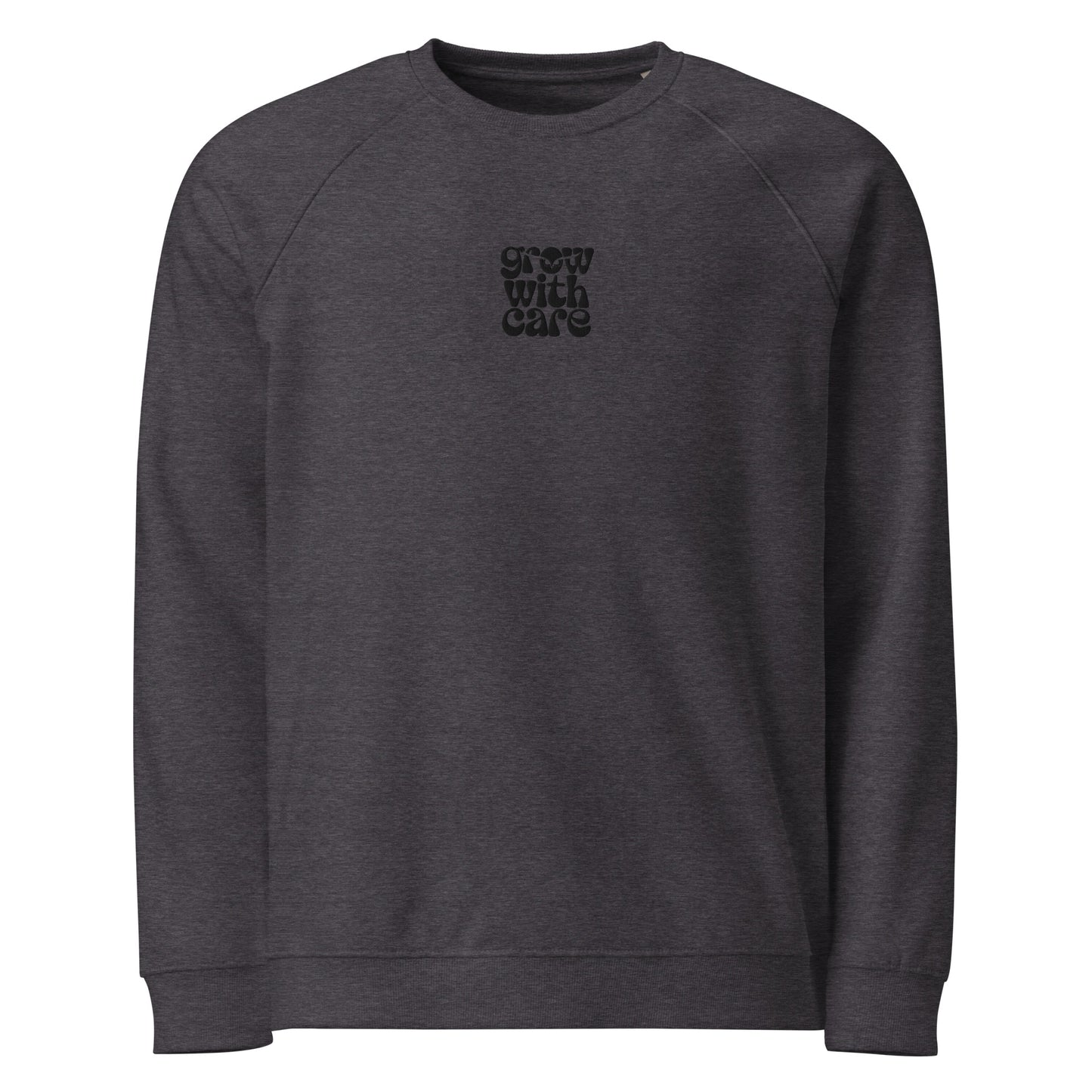 Eco-Friendly Owl Clothing Embroidered Unisex Organic Raglan Sweatshirt "Grow With Care" Charcoal Melange Dudeily