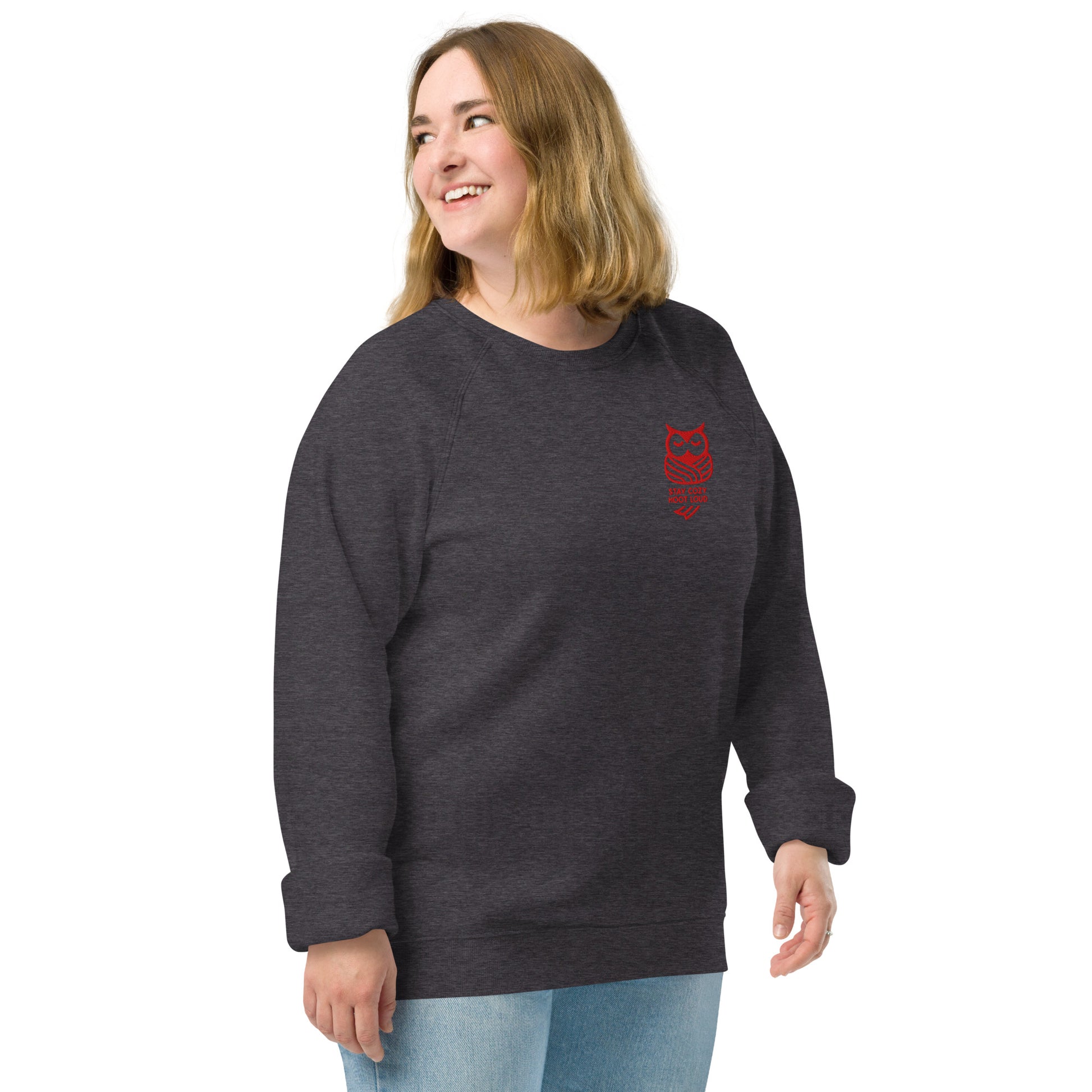 Owl Unisex Organic Raglan Sweatshirt: 'Stay Cozy Hoot Loud' in Fall | sustainable fashion USA Dudeily