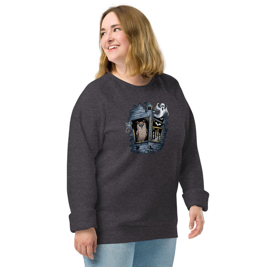 Unisex Organic Raglan Sweatshirt: Halloween Owl Eco-Friendly USA Charcoal Melange Dudeily