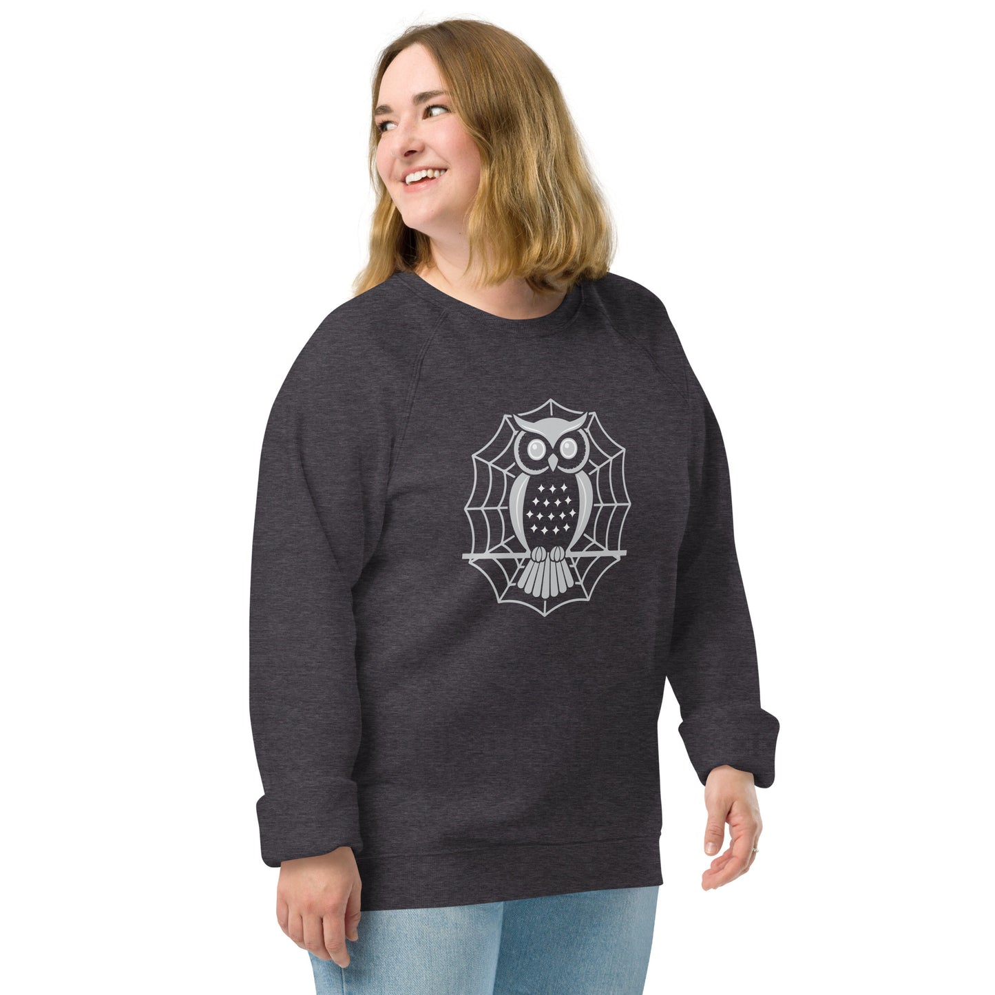 Unisex Organic Raglan Sweatshirt: Halloween Owl Eco-Friendly USA Charcoal Melange Dudeily