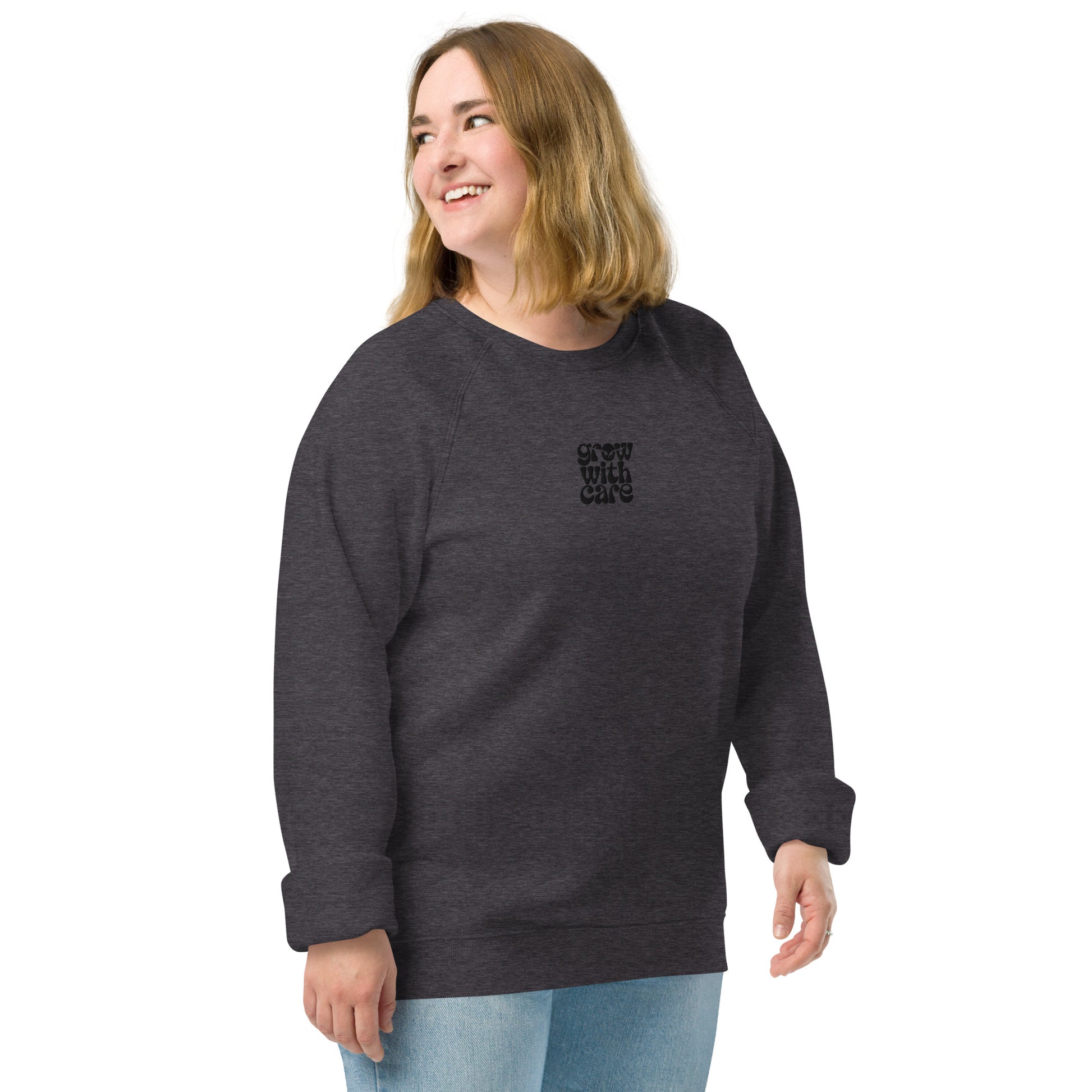 Eco-Friendly Owl Clothing Embroidered Unisex Organic Raglan Sweatshirt "Grow With Care" Dudeily