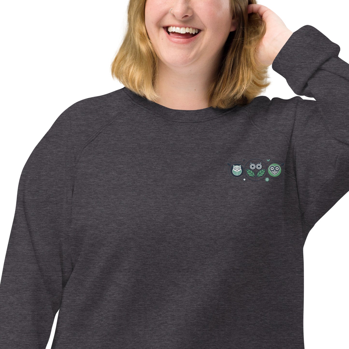 Unisex Organic Raglan Sweatshirt: Nature’s Union | Owl Embroidered Sustainable Fashion USA Dudeily