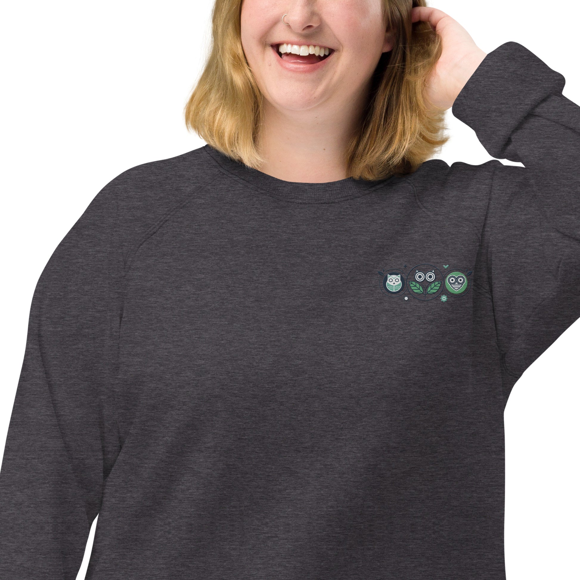 Unisex Organic Raglan Sweatshirt: Nature’s Union | Owl Embroidered Sustainable Fashion USA Dudeily