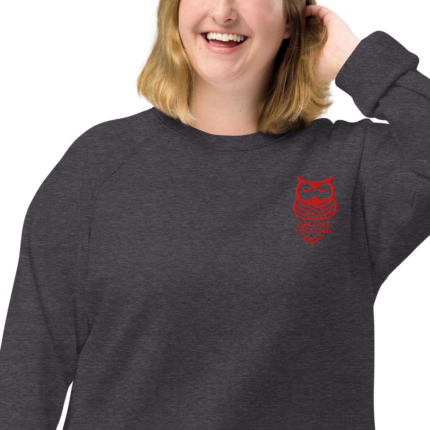 Owl Unisex Organic Raglan Sweatshirt: 'Stay Cozy Hoot Loud' in Fall | sustainable fashion USA Dudeily