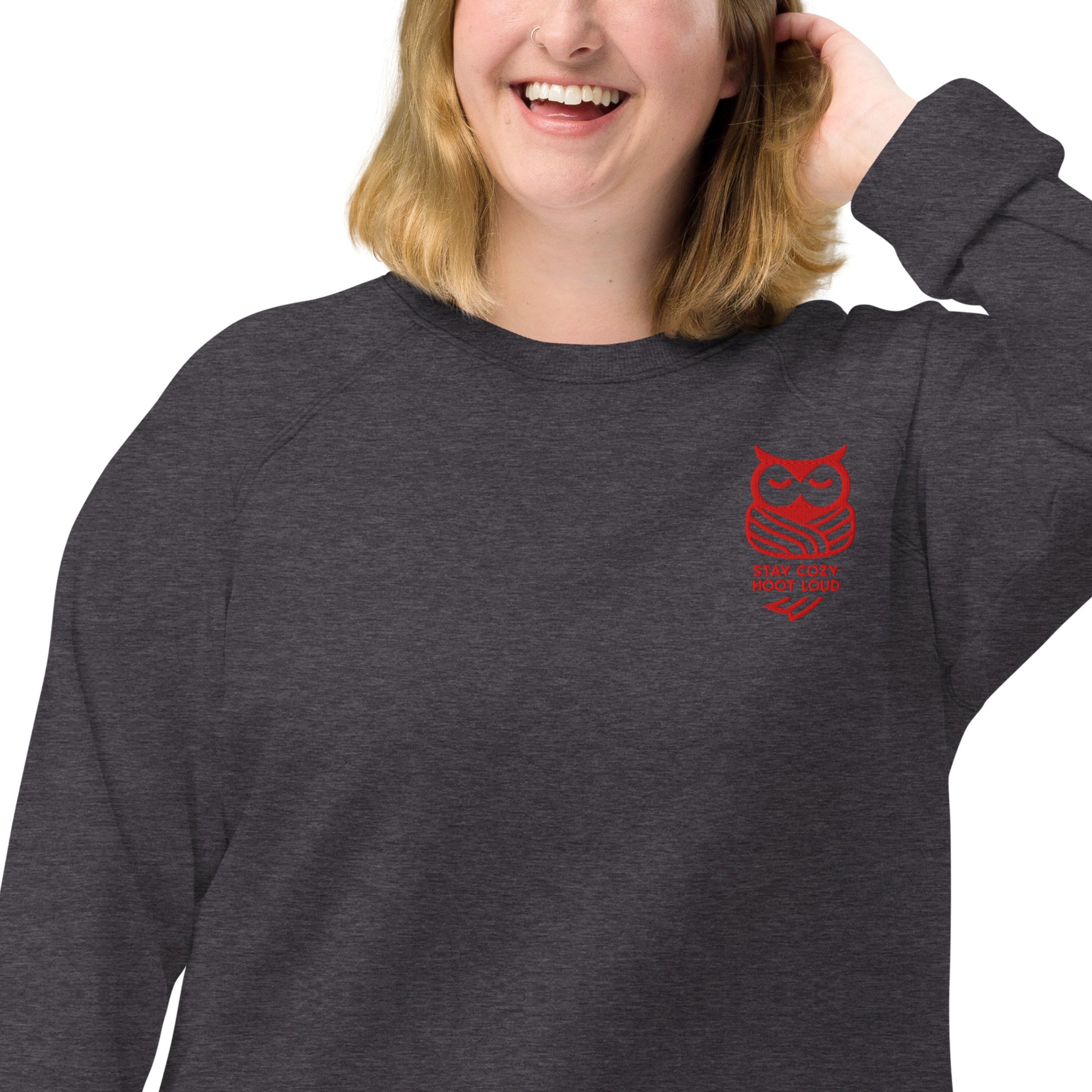 Owl Unisex Organic Raglan Sweatshirt: 'Stay Cozy Hoot Loud' in Fall | sustainable fashion USA Dudeily