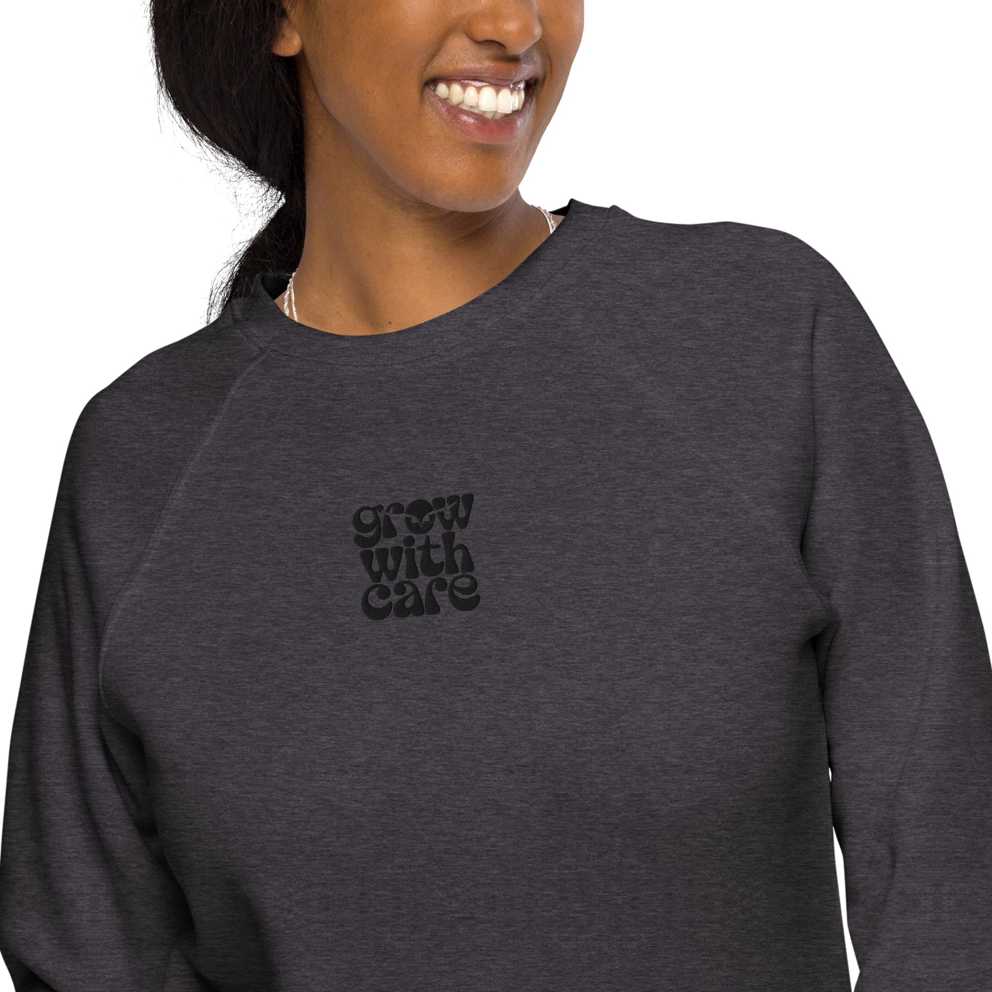 Eco-Friendly Owl Clothing Embroidered Unisex Organic Raglan Sweatshirt "Grow With Care" Dudeily