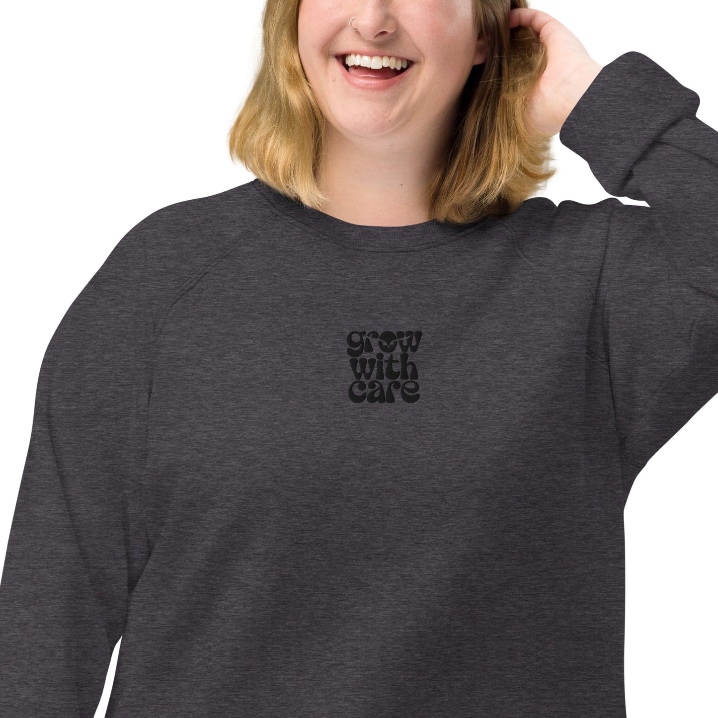 Eco-Friendly Owl Clothing Embroidered Unisex Organic Raglan Sweatshirt "Grow With Care" Dudeily