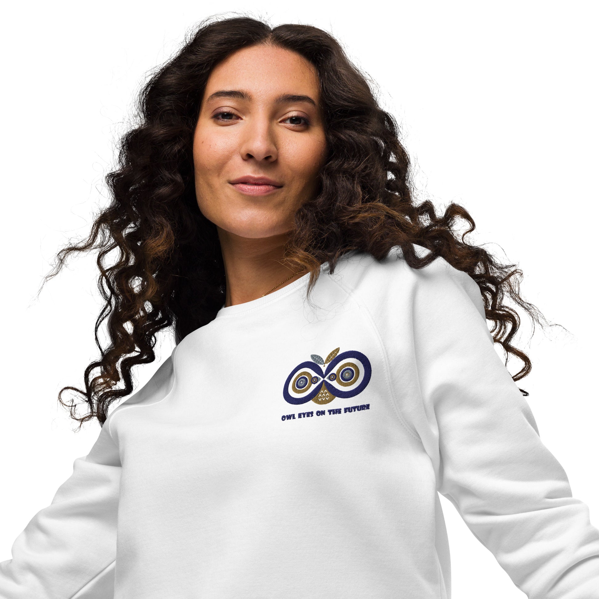 Unisex Organic Raglan Sweatshirt: Owl Eyes on the Future | Owl Embroidered Sustainable Fashion USA by Dudeily Dudeily