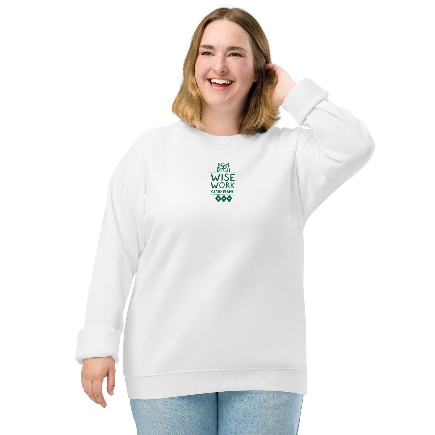 Unisex Organic Raglan Sweatshirt: Wise Work, Kind Planet | Owl Embroidered Sustainable Fashion USA by Dudeily Dudeily