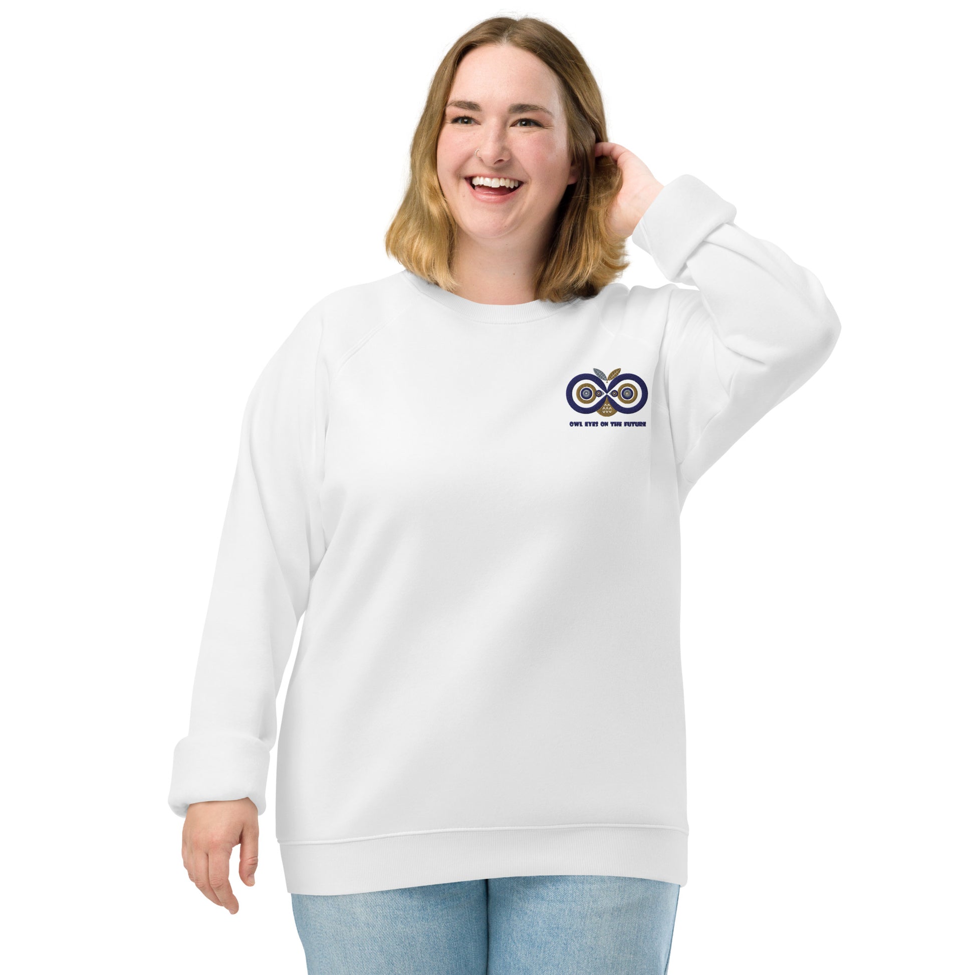 Unisex Organic Raglan Sweatshirt: Owl Eyes on the Future | Owl Embroidered Sustainable Fashion USA by Dudeily Dudeily