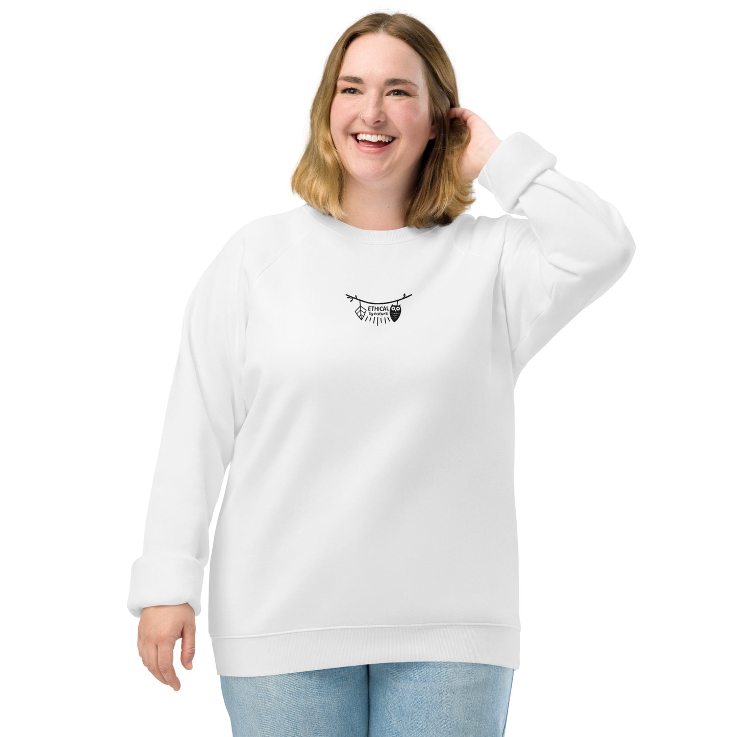Unisex Organic Raglan Sweatshirt: Ethical by Nature | Owl Embroidered Sustainable Fashion USA by Dudeily White Dudeily