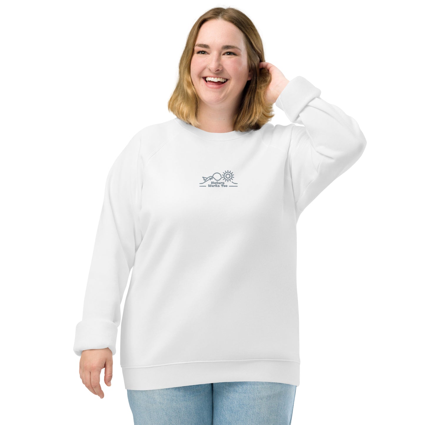 Unisex Organic Raglan Sweatshirt: Nature Works Too | Owl Embroidered Sustainable Fashion USA by Dudeily White Dudeily