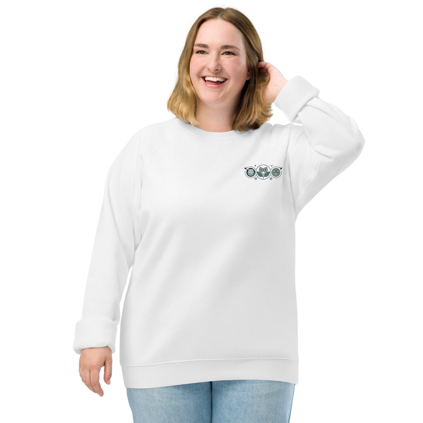 Unisex Organic Raglan Sweatshirt: Nature’s Union | Owl Embroidered Sustainable Fashion USA White Dudeily
