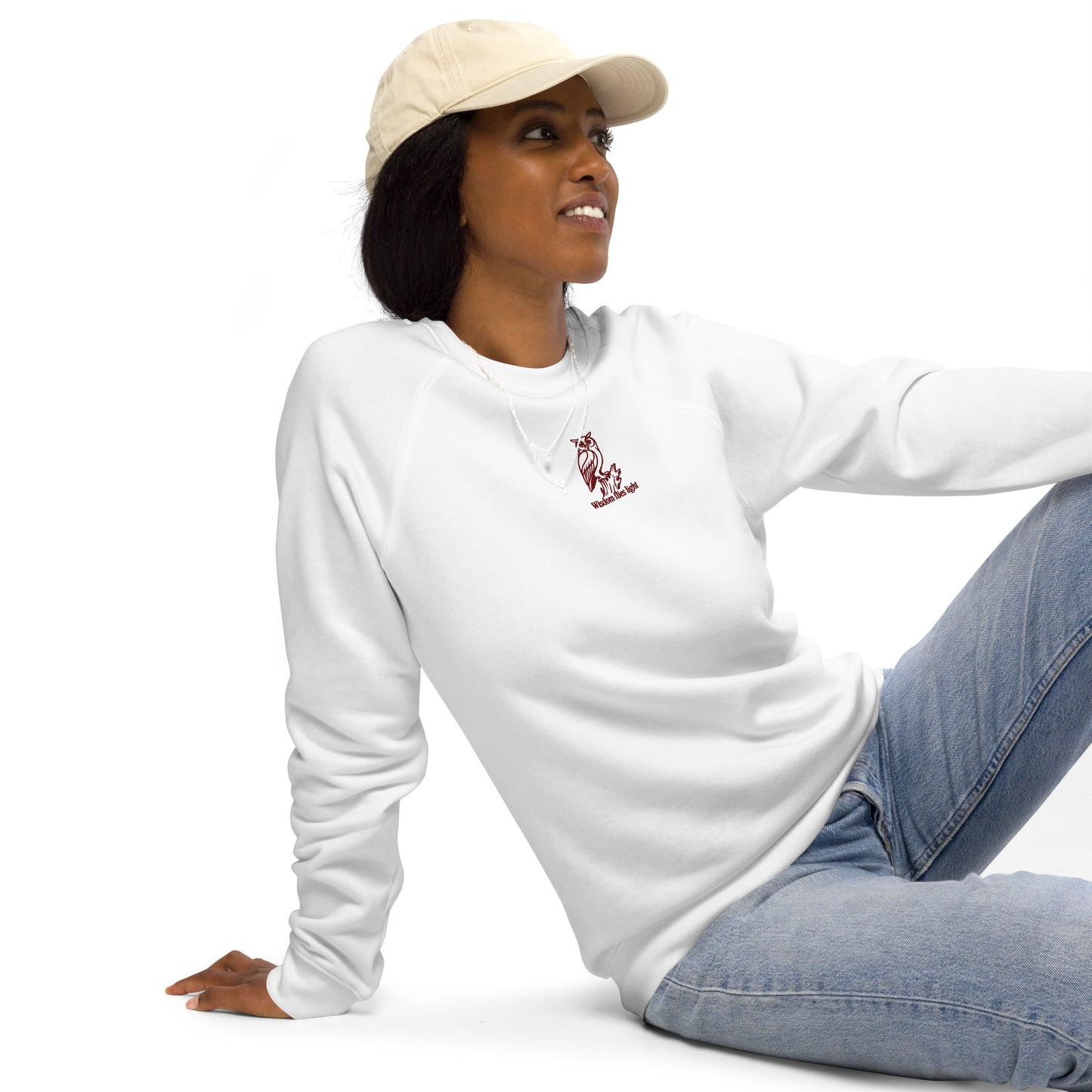 Owl Unisex Organic Raglan Sweatshirt: 'Wisdom Flies Light' in Fall | Sustainable Fashion USA Dudeily