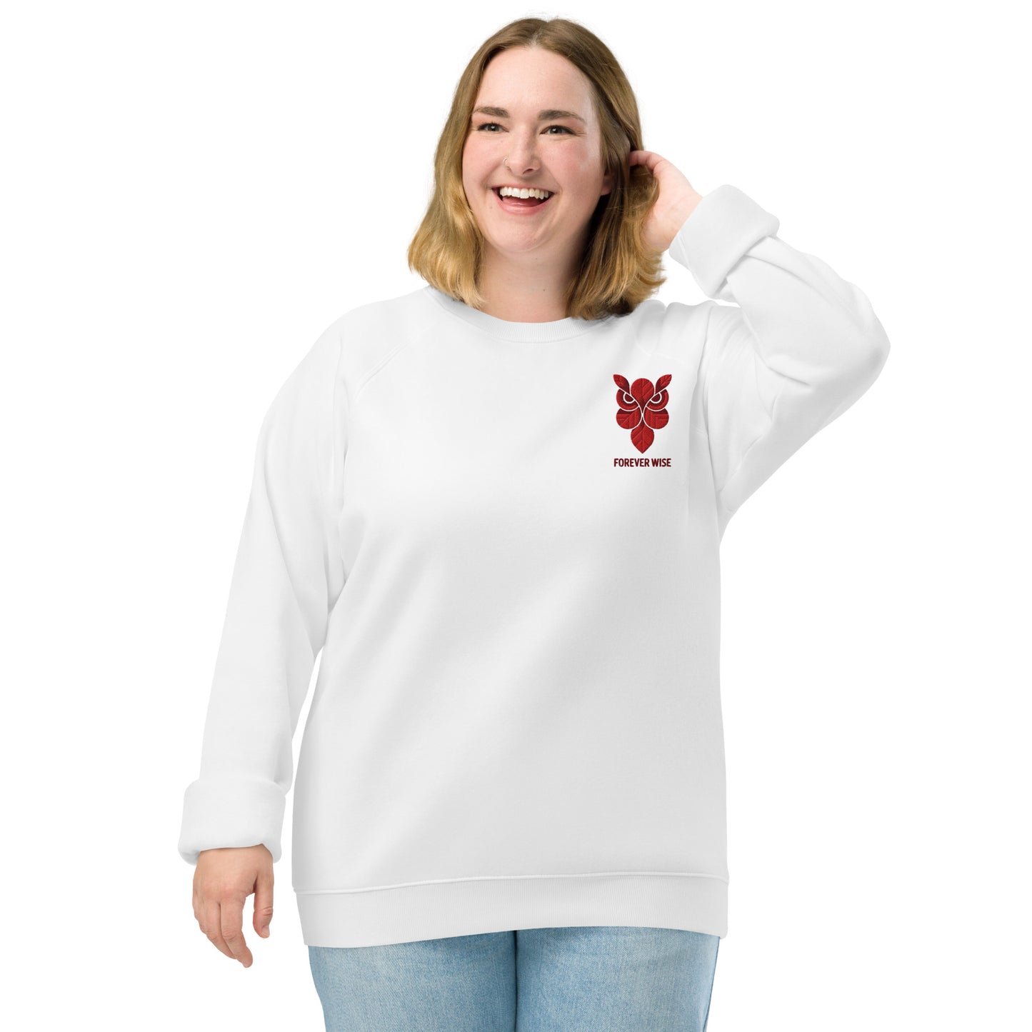 Owl Unisex Organic Raglan Sweatshirt: 'Forever Wise' in Fall | Sustainable Fashion USA White Dudeily