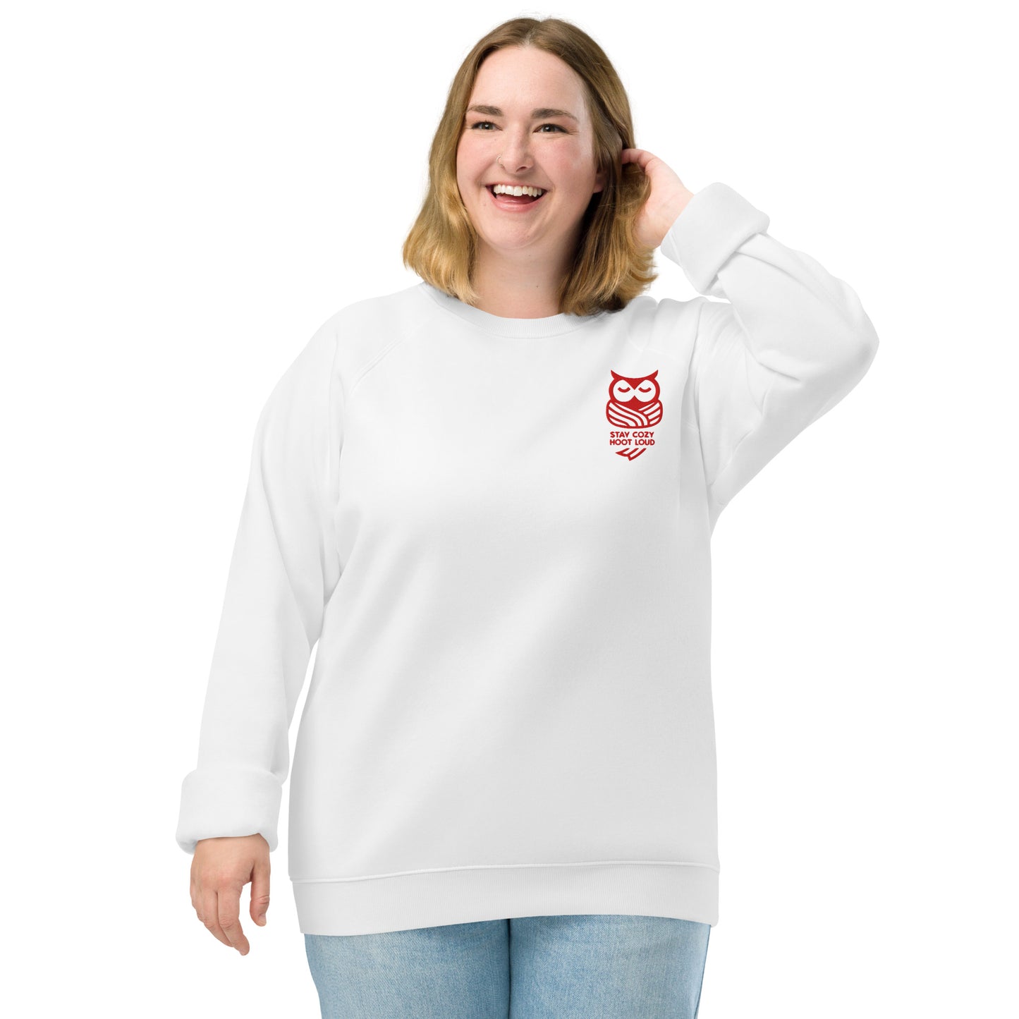 Owl Unisex Organic Raglan Sweatshirt: 'Stay Cozy Hoot Loud' in Fall | sustainable fashion USA White Dudeily