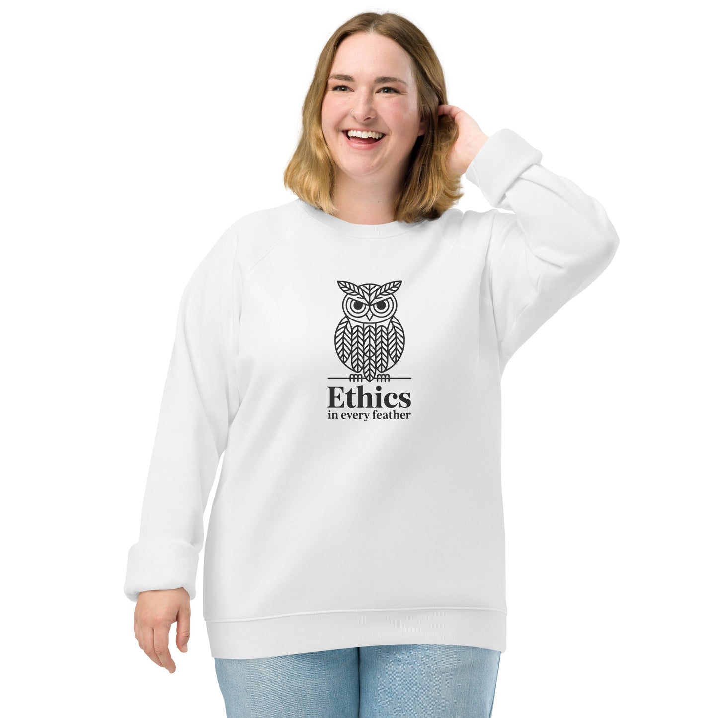 Unisex Organic Raglan Sweatshirt: 'Ethics in Every Feather' | Ethical Owl Clothing USA White Dudeily