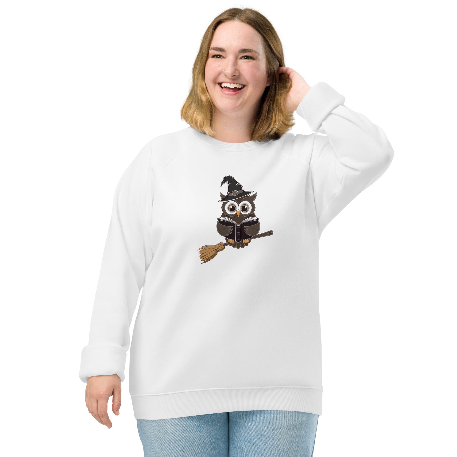 Unisex Organic Raglan Sweatshirt: Halloween Owl Eco Fashion USA Dudeily
