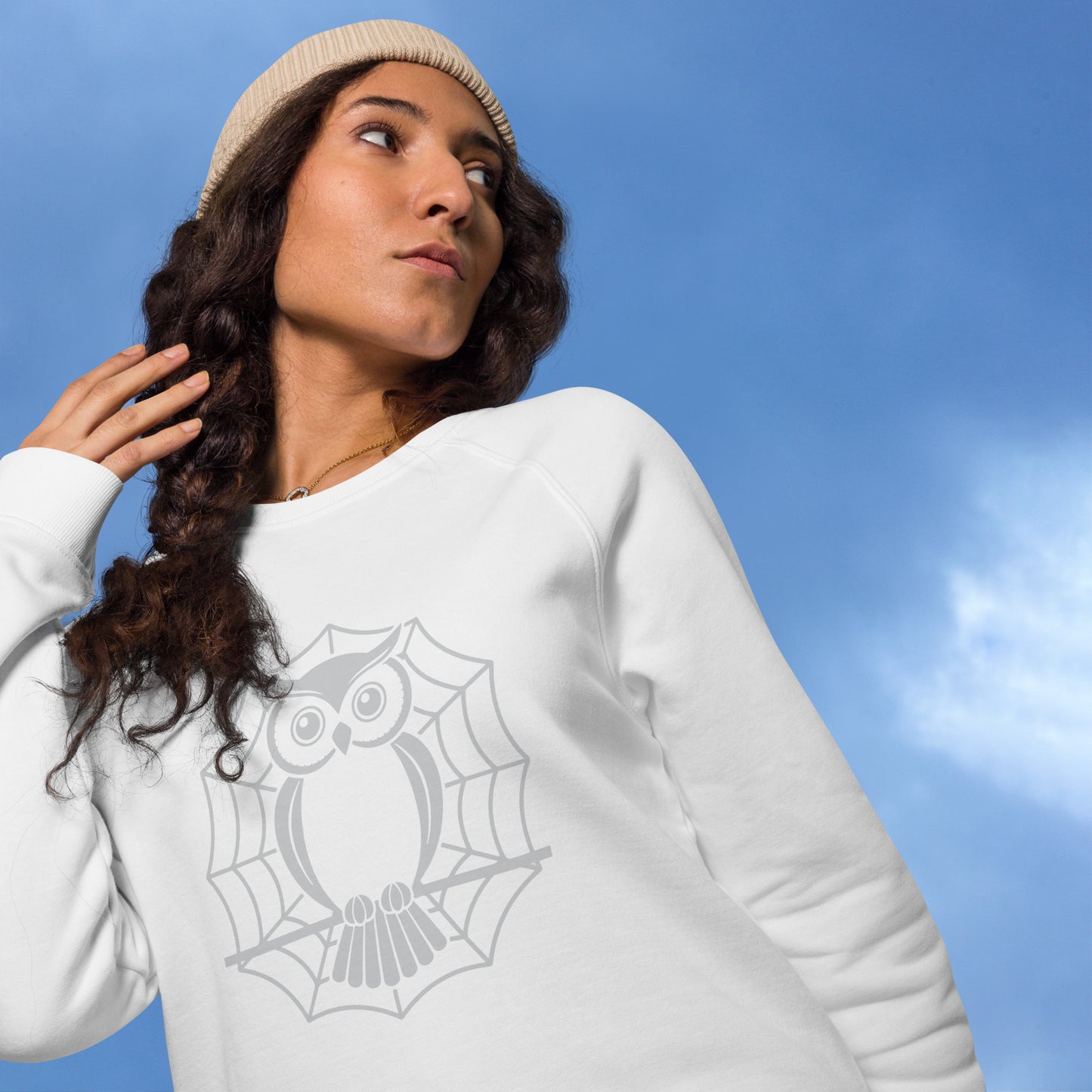 Unisex Organic Raglan Sweatshirt: Halloween Owl Eco-Friendly USA Dudeily