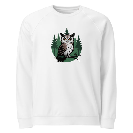 Unisex Organic Raglan Sweatshirt – Earth Owl Print | Eco-Friendly Owl Clothing White Dudeily