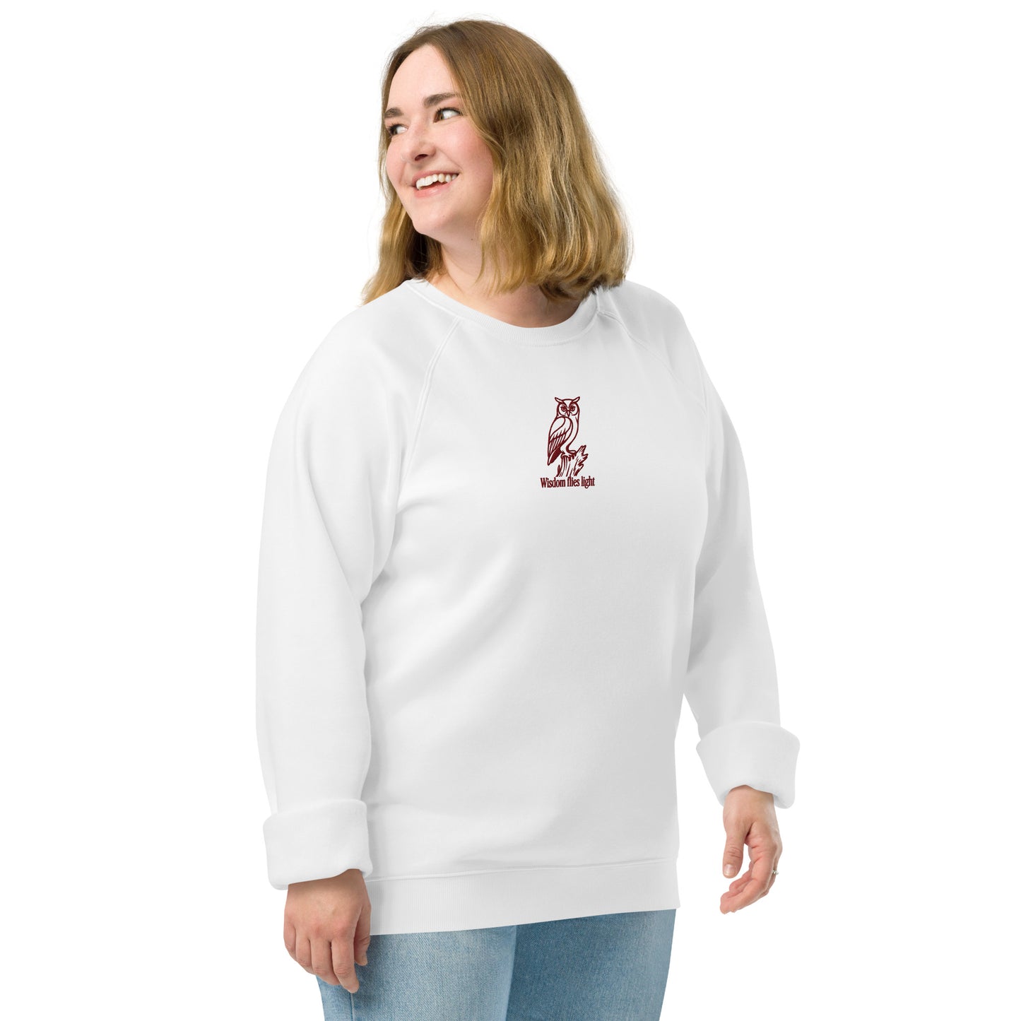 Owl Unisex Organic Raglan Sweatshirt: 'Wisdom Flies Light' in Fall | Sustainable Fashion USA Dudeily