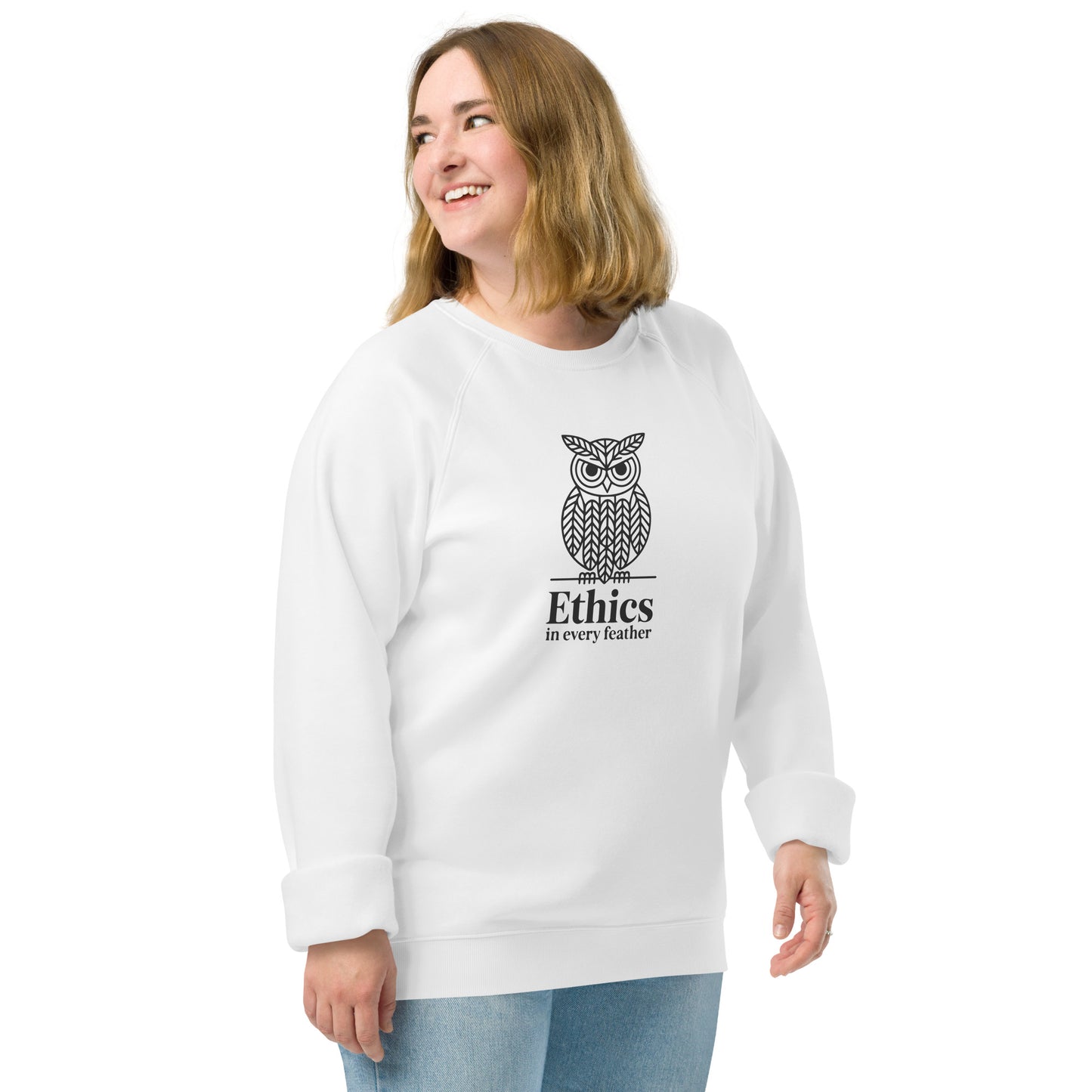Unisex Organic Raglan Sweatshirt: 'Ethics in Every Feather' | Ethical Owl Clothing USA Dudeily