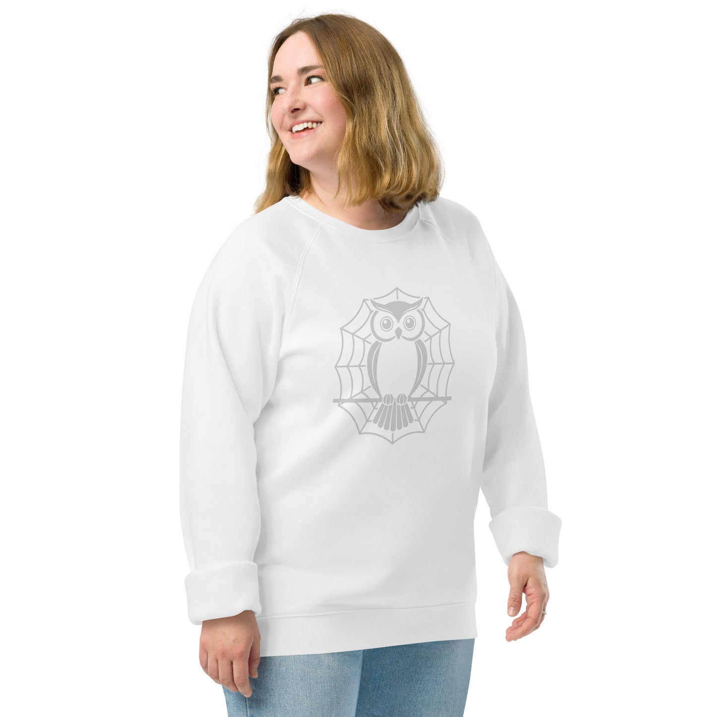 Unisex Organic Raglan Sweatshirt: Halloween Owl Eco-Friendly USA White Dudeily