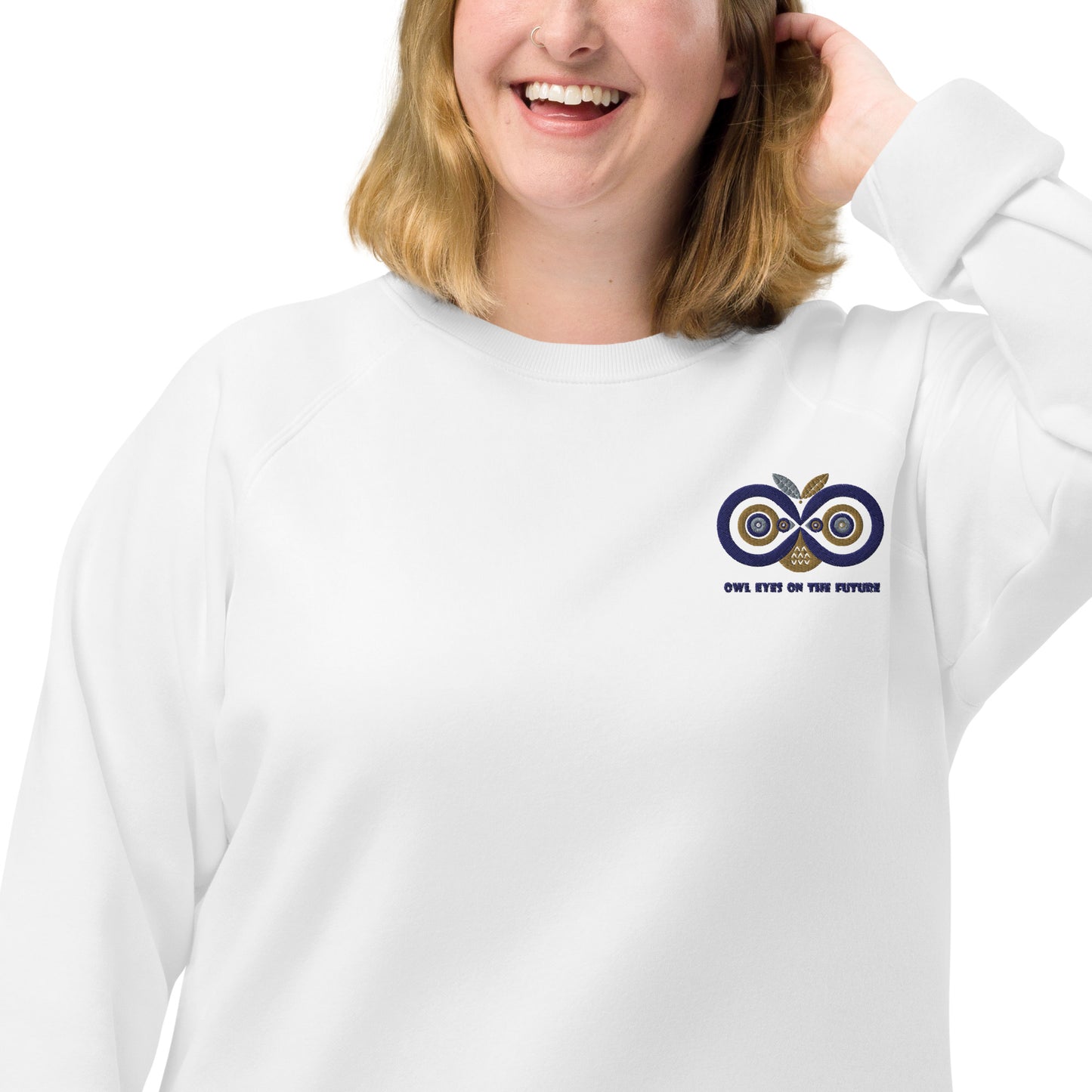 Unisex Organic Raglan Sweatshirt: Owl Eyes on the Future | Owl Embroidered Sustainable Fashion USA by Dudeily Dudeily