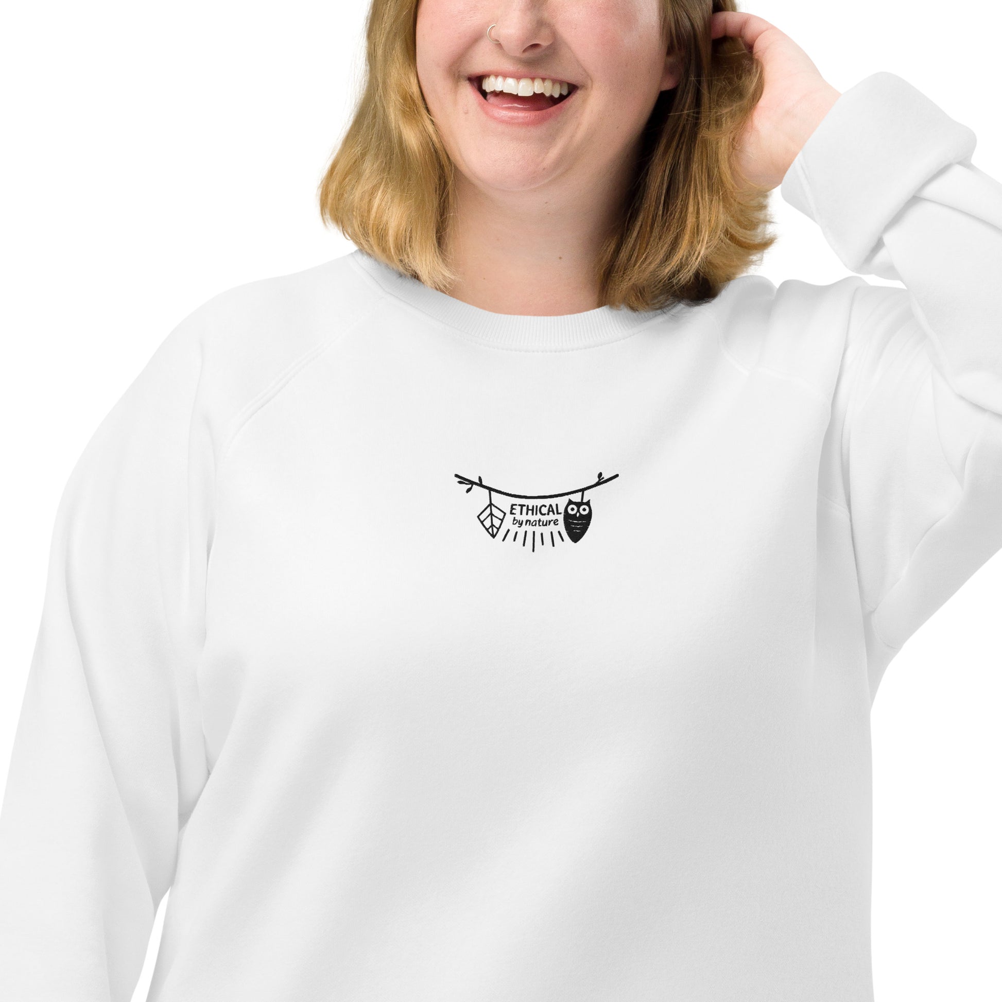 Unisex Organic Raglan Sweatshirt: Ethical by Nature | Owl Embroidered Sustainable Fashion USA by Dudeily Dudeily