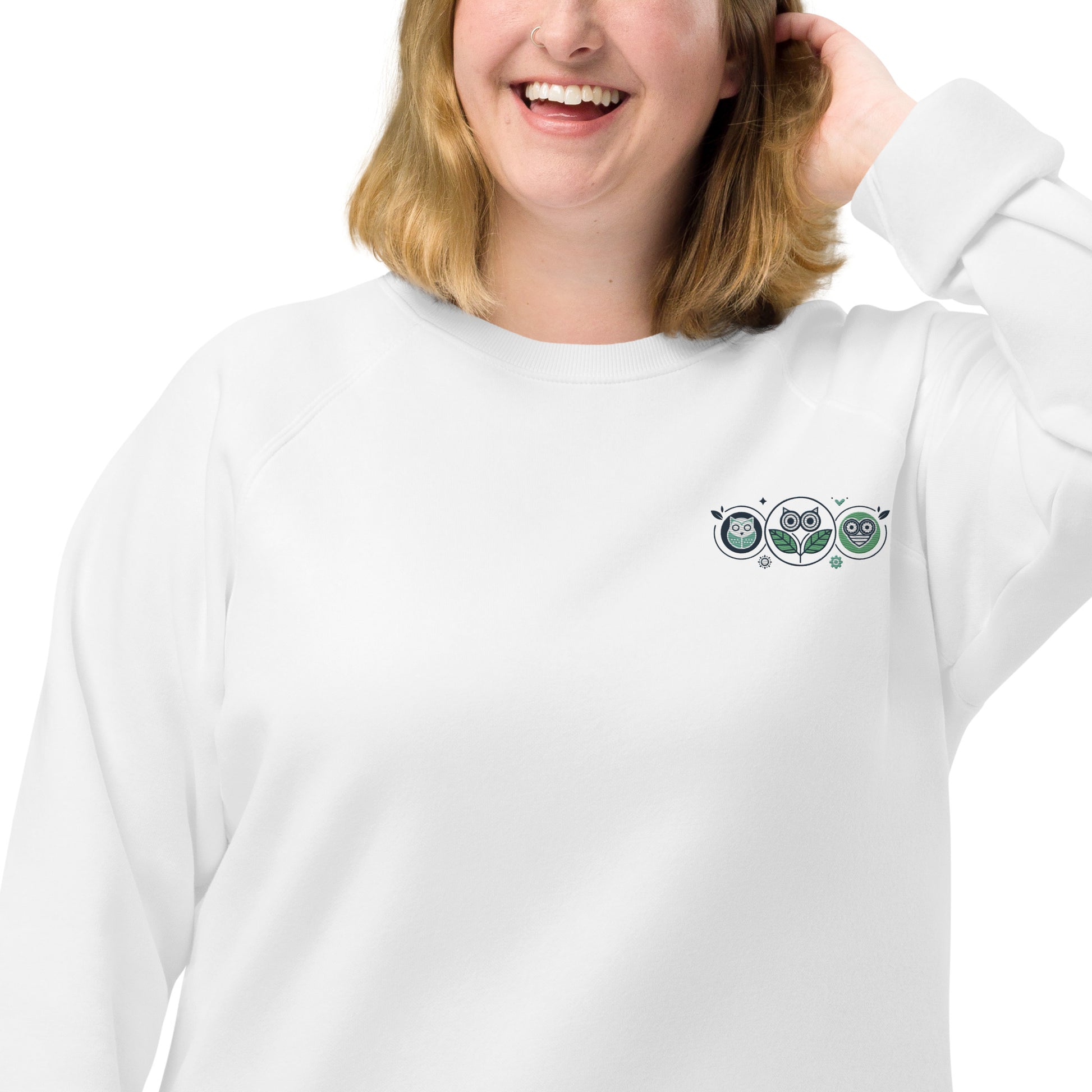 Unisex Organic Raglan Sweatshirt: Nature’s Union | Owl Embroidered Sustainable Fashion USA Dudeily