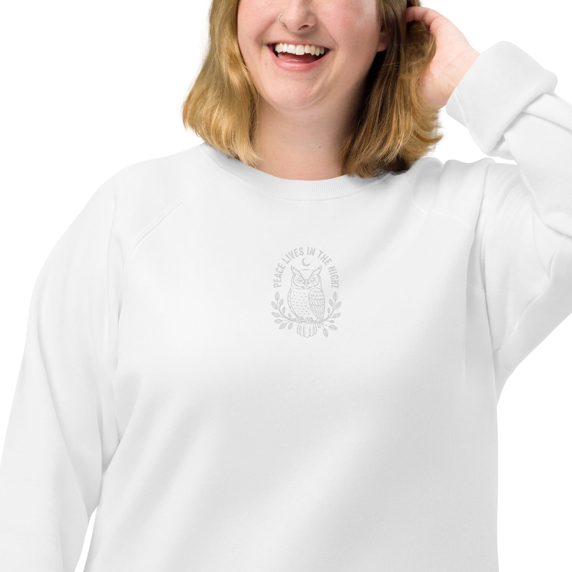Owl Unisex Organic Raglan Sweatshirt – 'Peace Lives in the Night' in Fall | Sustainable Fashion USA Dudeily