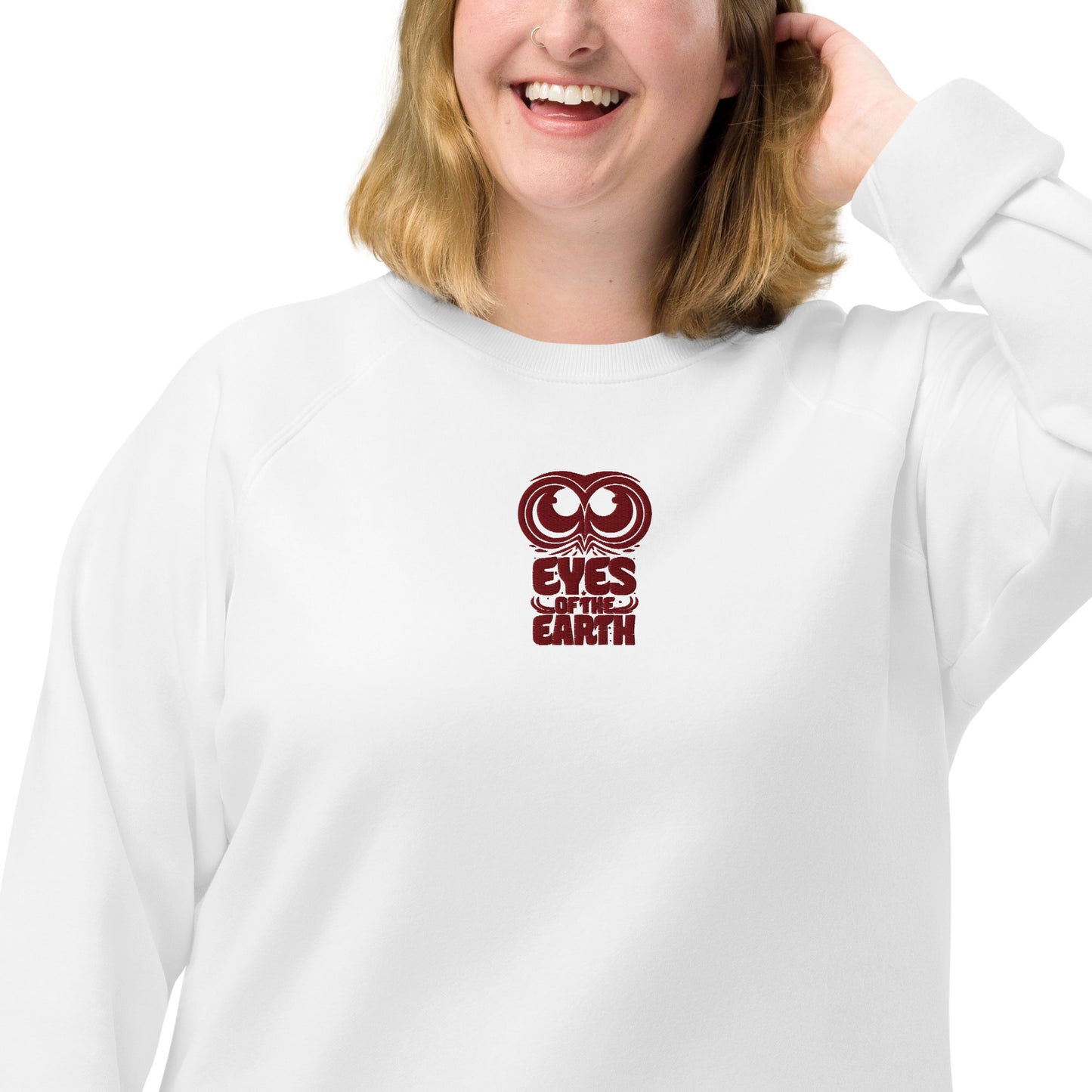 Owl Unisex Organic Raglan Sweatshirt: 'Eyes of the Earth' in Fall | Sustainable Fashion USA White Dudeily