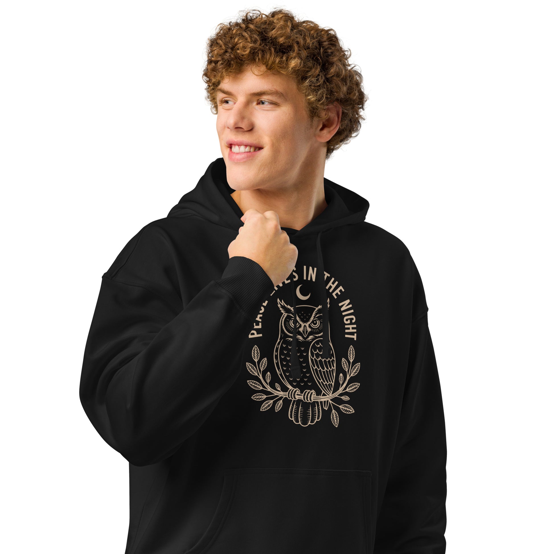 Unisex Organic Relaxed Hoodie: 'Peace in the Night' in Fall | Sustainable Owl Fashion USA Dudeily