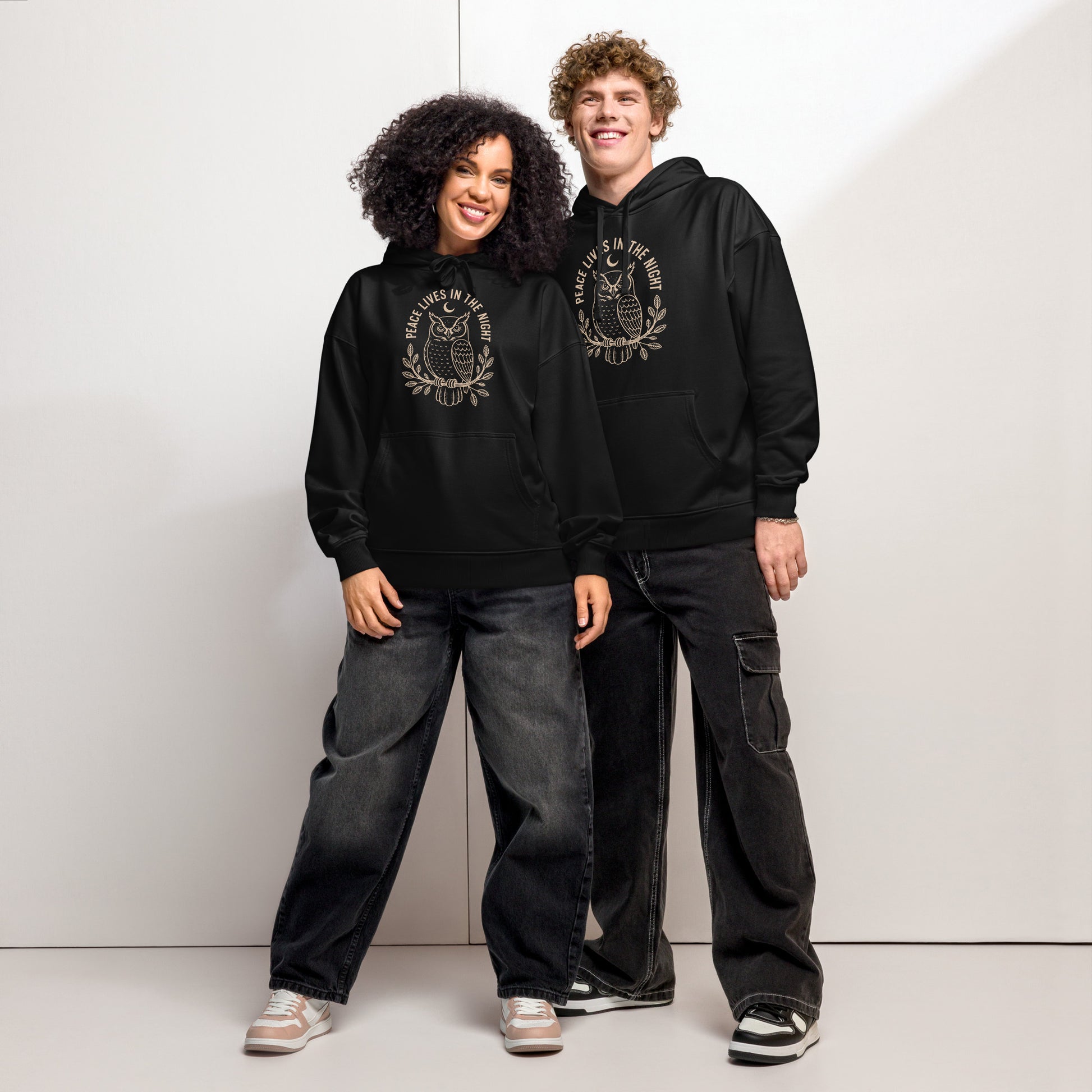 Unisex Organic Relaxed Hoodie: 'Peace in the Night' in Fall | Sustainable Owl Fashion USA Dudeily