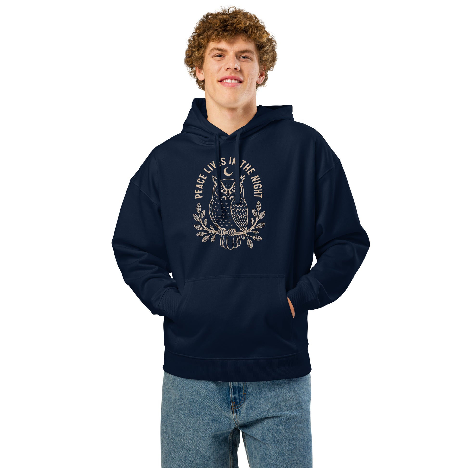 Unisex Organic Relaxed Hoodie: 'Peace in the Night' in Fall | Sustainable Owl Fashion USA Dudeily