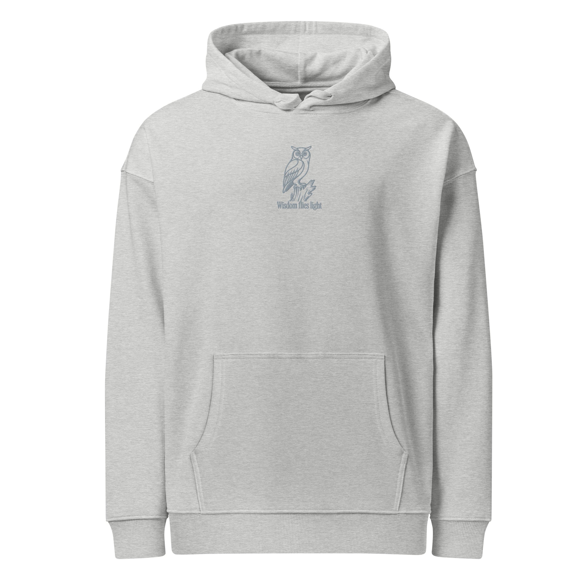 Owl Unisex Organic Relaxed Hoodie: 'Wisdom Flies Light' in Fall | Sustainable Fashion USA Dudeily