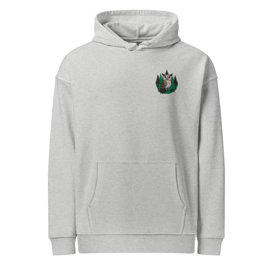Unisex Organic Relaxed Hoodie – Forest Owl Print | Eco-Friendly Owl Clothing Heather Grey Dudeily